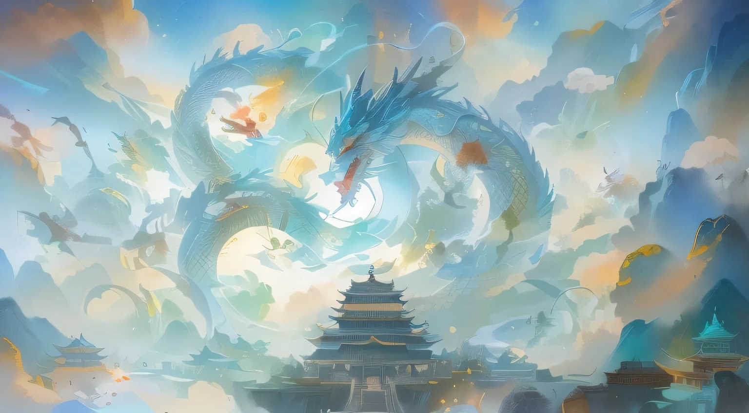 There is a dragon sitting on a building in the sky, cyan chinese dragon fantasy, chinese dragon concept art, colossal dragon in background, Chinese fantasy, colossal dragon as background, by Yang J, A majestic dragon flying in the sky