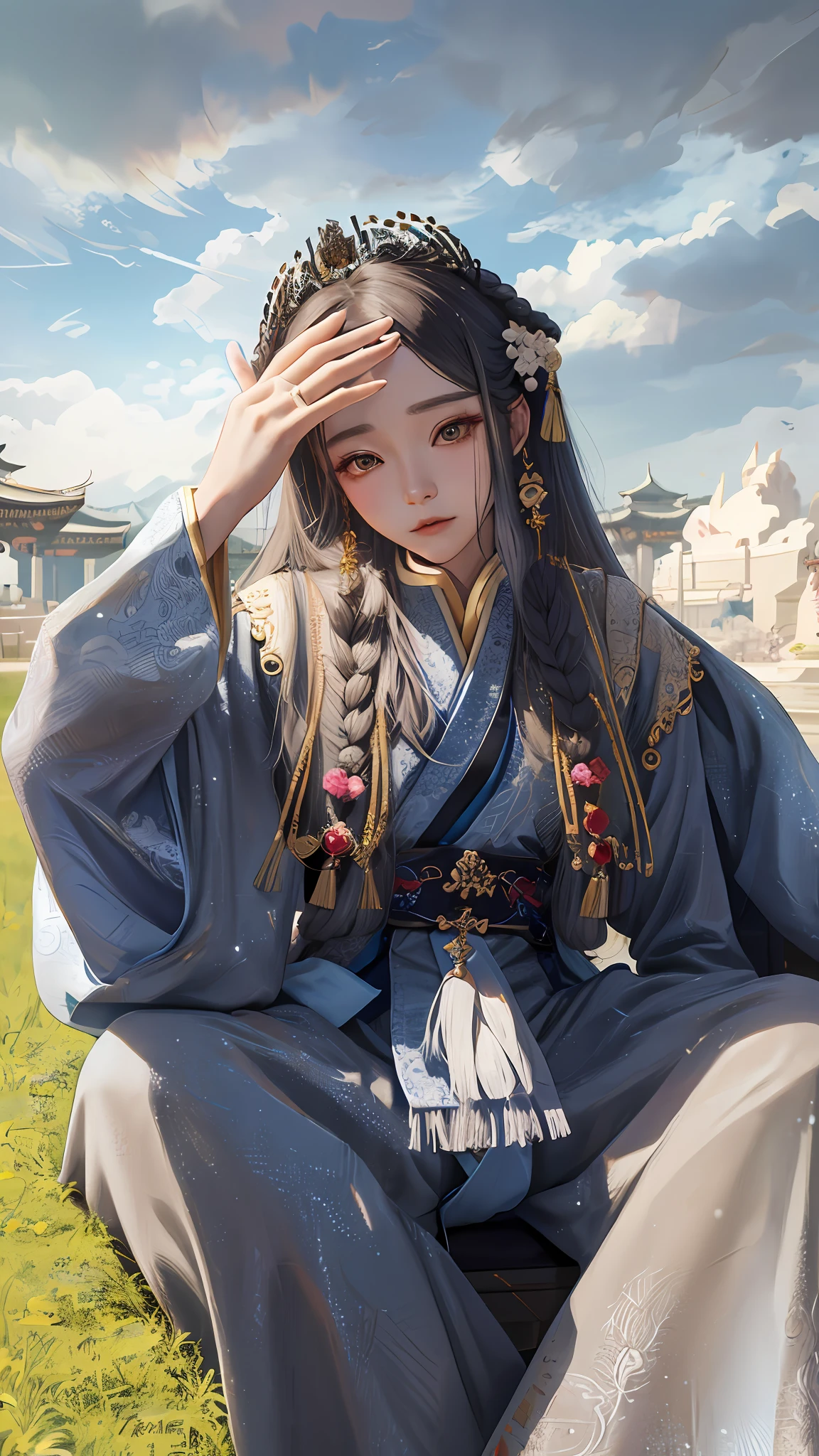 Close-up of a man sitting on a throne,long whitr hair, She wears Hanfu, jaeyeon nam, trending on cgstation, She has a cold face,A queen, 8K)), Dressed in gorgeous Hanfu