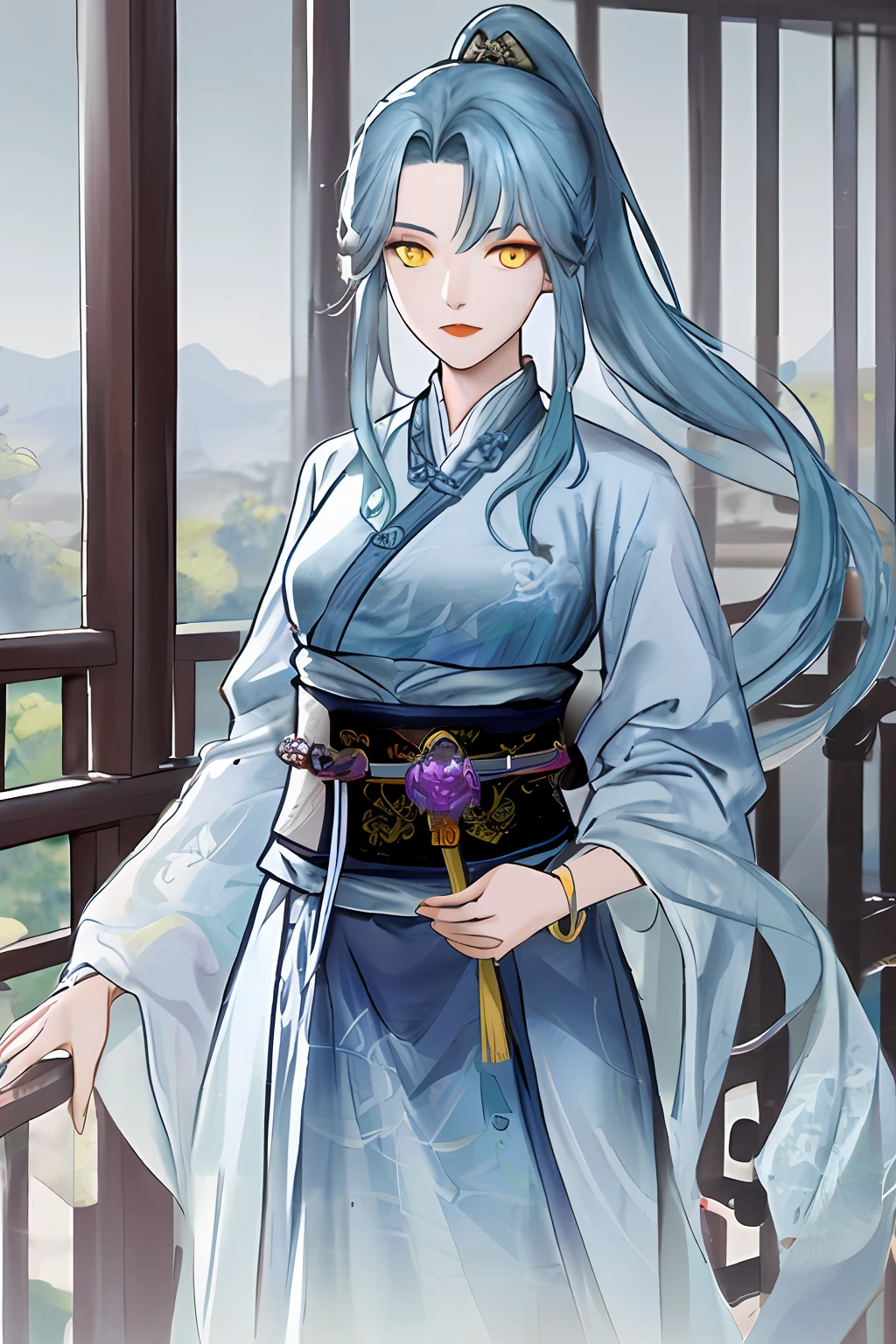 Guigu Bahuang,1girll, Solo, Chinese style,Light blue hair, Solo, Hanfu, jewelry, necklace,  Chinese clothes, view the viewer, Long hair, Simple background, Long sleeves, hair adornments, Yellow eyes, Shawl, sash, High ponytail