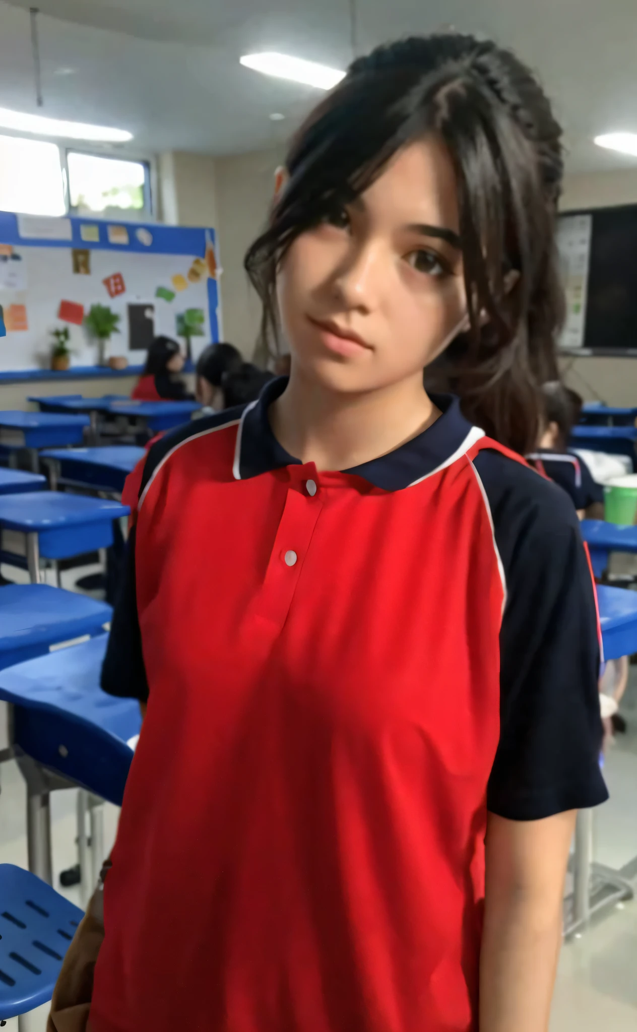 There is a young girl standing in the classroom,The table is blue, in school uniform, Surrealism female students, girl in uniform, cute female student,largeeyes,Tall figure