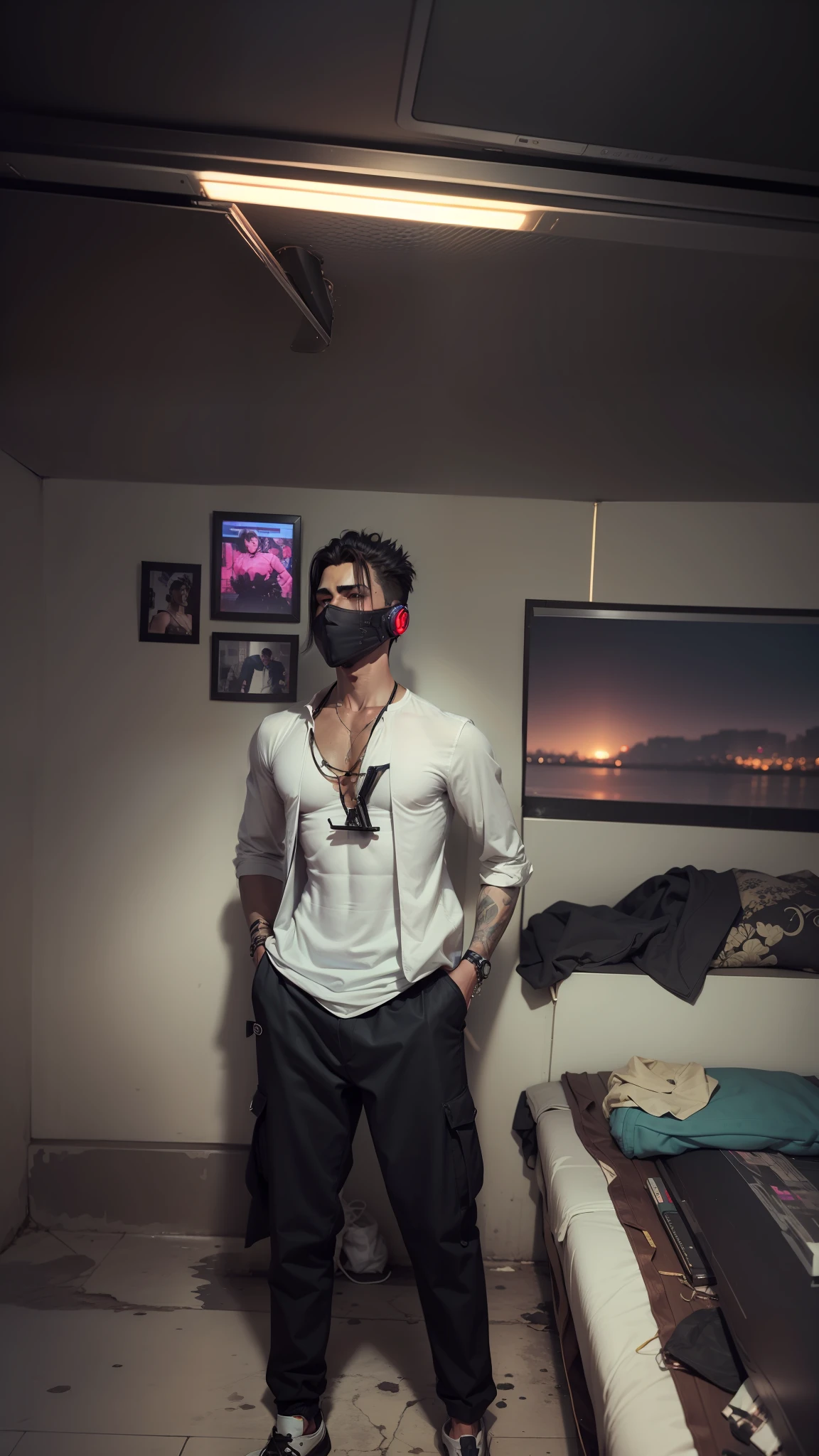 Change background cyberpunk handsome boy real stice face, long hair, body,