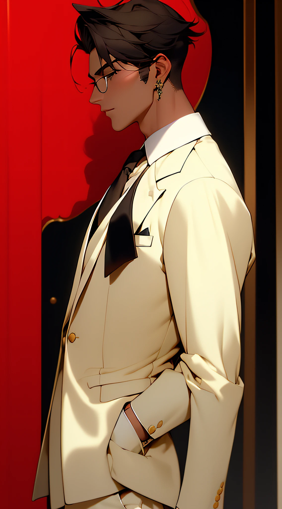 ((Masterpiece, Superb Business Negotiation Aesthetics)), 1 male solo, close-up, (Determined eyes), (Black blazer, white shirt, tie, trousers), (Short black hair), (Formal wear), Mature man, (Clear facial features, detailed skin texture, handsome face), White background, Earrings, yellow skin, Standing, (Masterpiece, Top quality, Best Quality), ((Flat Color)),
