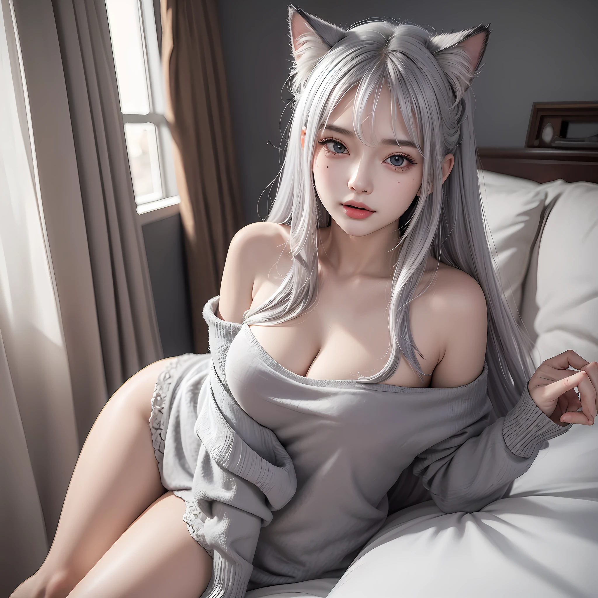 Best quality at best,tmasterpiece,Silver Wolf,Open-chest sexy outfits,cat ear,The duck sits on the bed ,Bigchest,D-cups,Middle opening,Shadows loom,wide open thighs,There is a milky white liquid at the corners of the mouth and tongue,The mouth is O-shaped,Tongue exposed ,solo person,high qulity,whaite hair,wistful expression,Face the camera from a short distance,Height 165,Juvenile ,Kind of rolling your eyes,There is a blush on the face,fever, Sweat,Fingers on the chest and under the gray hair, Silver hair, Colored inner hair, Gradient hair, Asymmetrical hair, hair-bun, Moles under eyes, Heart-shaped pupils, Rolling eyes, Cat ears, Open mouth, Shy, Blush, drunk, Tongue stock, saliva, Tongue out, pain, Unconscious, Ear blush, Seductive smile, Chiaroscuro, full bloom, Glowing light, 4K, hyper HD, Masterpiece, Textured skin --auto