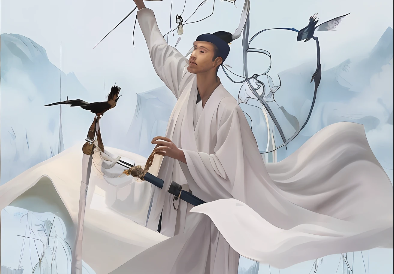Painting a man in a white robe holding a sword and a bird, Inspired by Seki Dosheng, by Yang J, inspired by Zhu Derun, inspired by Wu Daozi, Inspired by Cao Zhibai, author：Qu Leilei, By Li Song, author：Fan Qi, Inspired by Zhao Yuan, inspired by Zhan Ziqian
