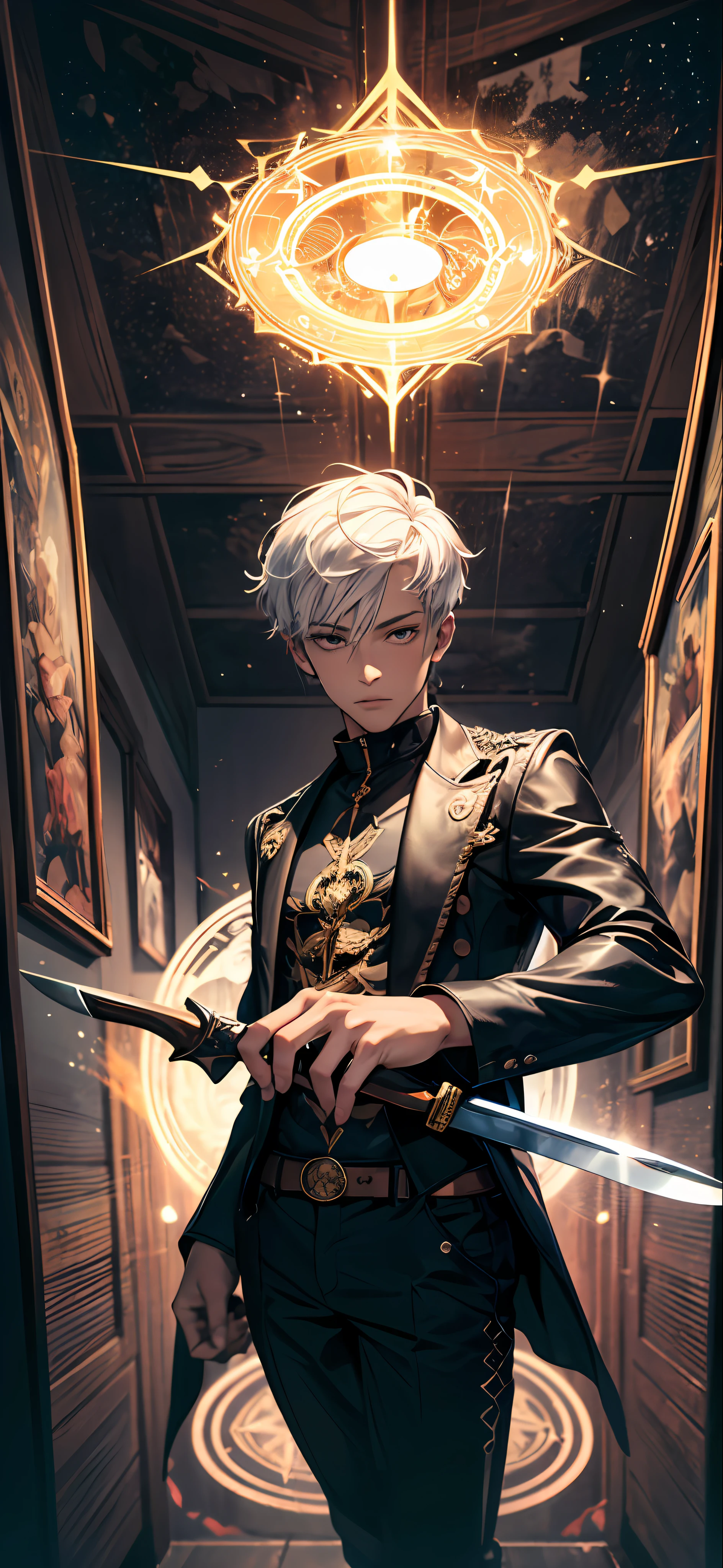 (absurdres, highres, ultra detailed, HDR), masterpiece, best quality, solo, a boy holding knife, magic knife, intricate knife, handsome, short hair, white hair, leather outfit, BREAK, dark persona, light persona, fractal, full body, ceiling, artistic background, Bio-luminescence, geometric, Organic, blessing, favor, exalted, fantasy, celestial, sublime, noble, unfolding, unraveling, spiritual, dignified, magic circle, spark, swirl, magic vortex, from below, look down