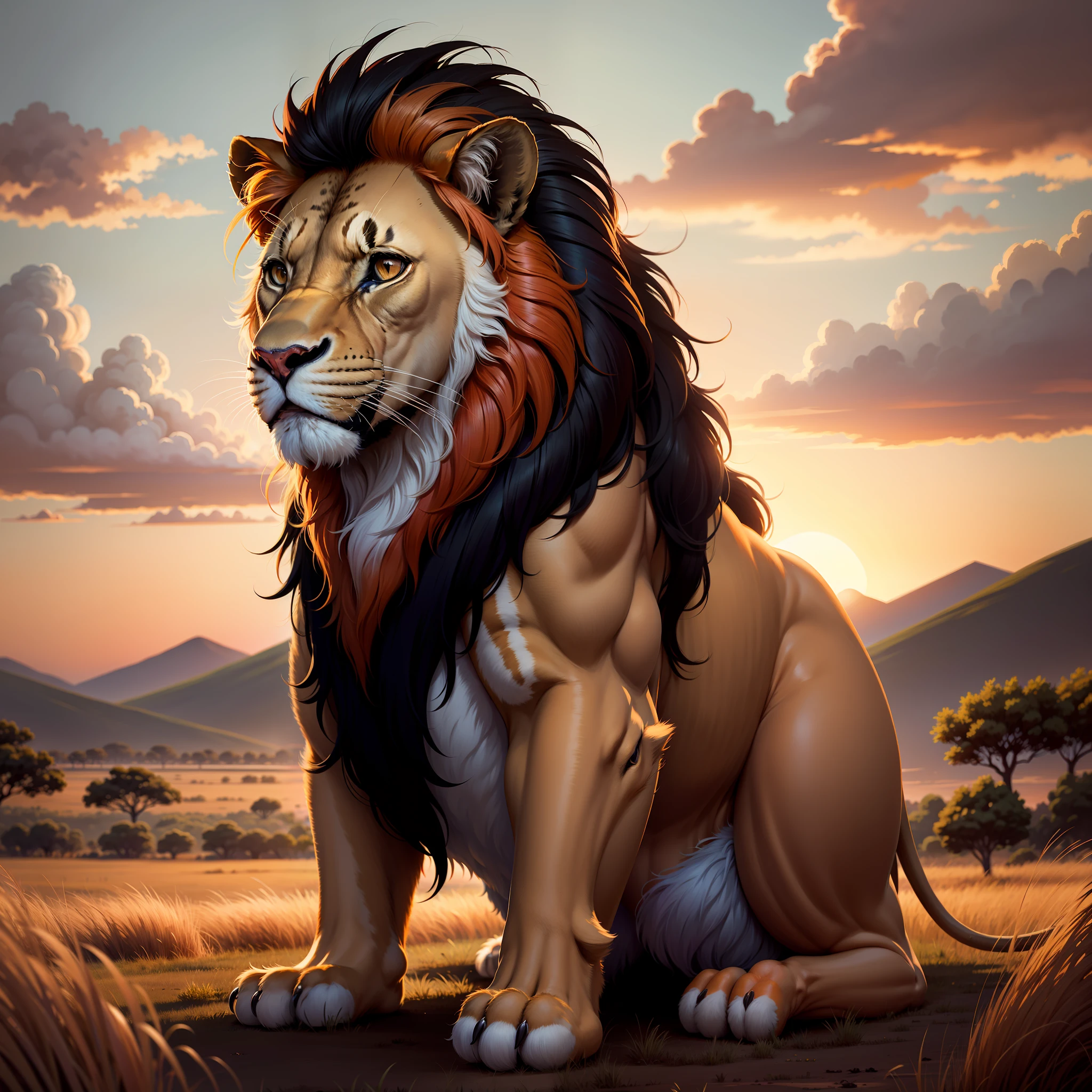 A majestic and regal lion, its golden mane flowing in the wind as it prowls through the tall grass of the savannah. In the distance, the setting sun paints the sky in shades of fiery orange and deep purple, casting a warm and welcoming glow across the African landscape.