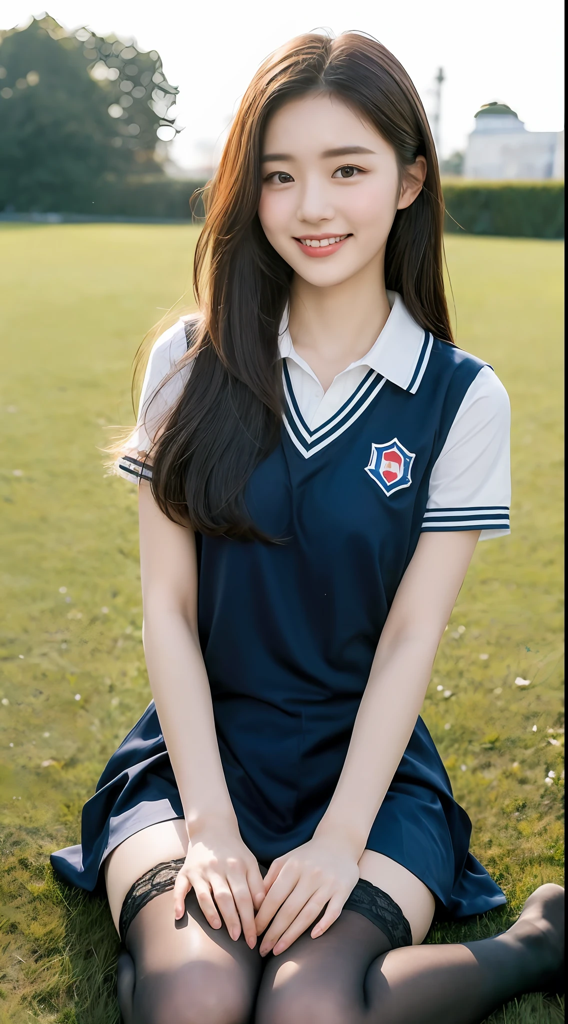 (1 Korean star with royal sister style), ((Best quality, 8K, 巨作: 1.3)), focal point: 1.2, Perfect body proportions: 1.4, (Make a smile), (Ray traching),Watery eyes, Highly Detailed Face and Skin Textur, Fine eyes, Double eyelids, Whitens the skin, (long whitr hair, Air bangs: 1.3), (face round: 1.5), (Student uniform: 1.4), (duck sitting,Sit on the lawn as the sun sets: 1.6),(black lence stockings: 1.4),(film grain style:1.3),a sense of atmosphere
