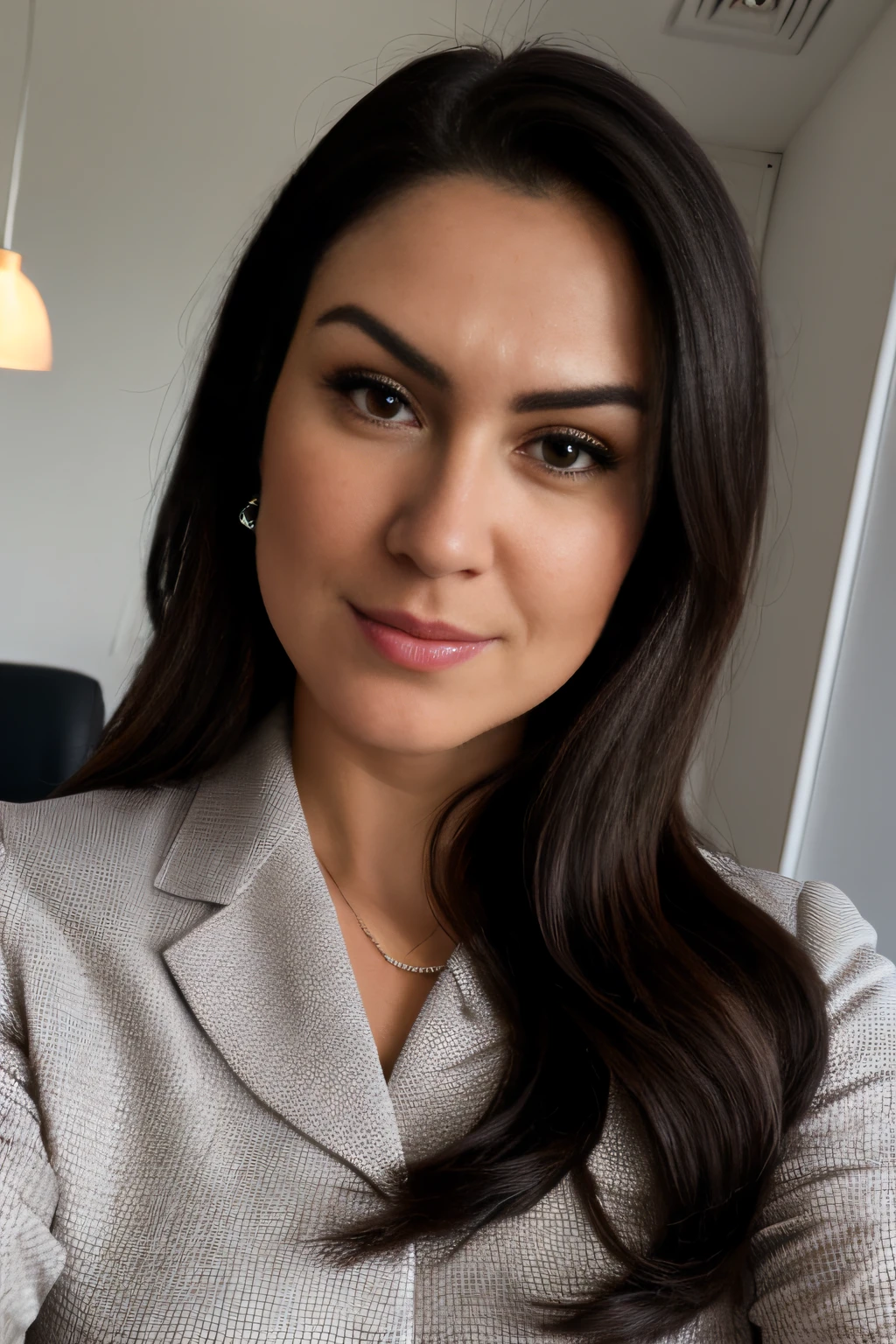 selfie de uma mulher em um terno feminino, office lady, business suit, beautiful portrait lighting, posing in dramatic lighting, pele natural, 8k UHD, alta qualidade, telefone selfie