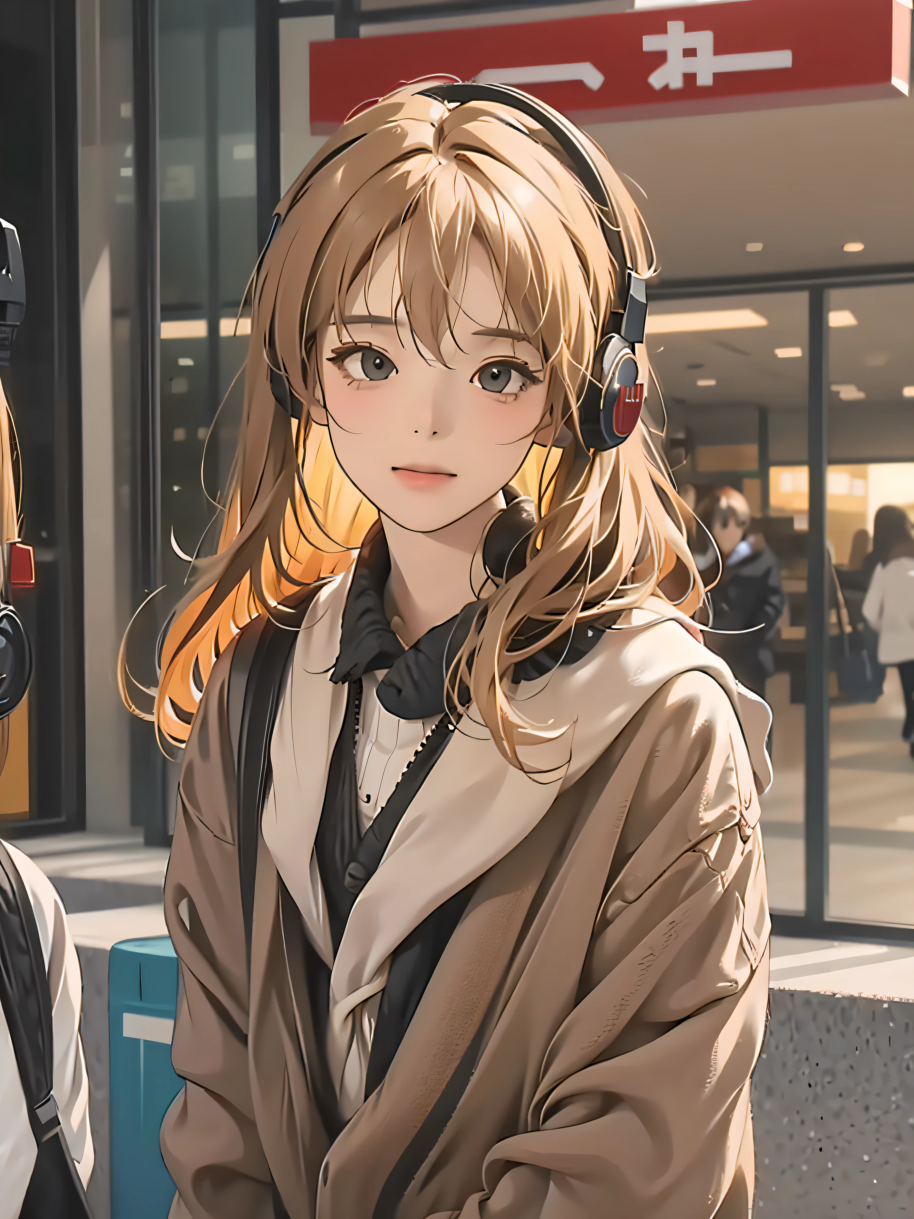 shopping mall, Long blonde fringed hair, with brown eye, 1girll, , The headphones are hung around the neck, , Innocent, 100mm lens, realisticlying, Lens glare:1.4, Look to the right, 校服, complexdetails:1.2, tmasterpiece:1.3, best qualtiy:1.4, 超高分辨率:1.2, detailedeyes, detailedfacialfeatures, hdr, 8K分辨率, , farsightedness, Reflections on the floor, Low cut open cloth。