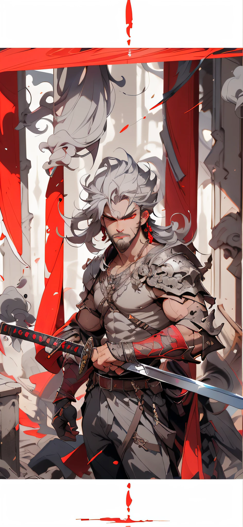 1boy, weapon, male focus, , long hair, , , holding sword, , , standing, armor, grey hair, sheath, pectorals, , belt, scabbard, shoulder armor, full body, smoke, facial hair, jewelry, pants, red eyes, , muscular, 
,,
