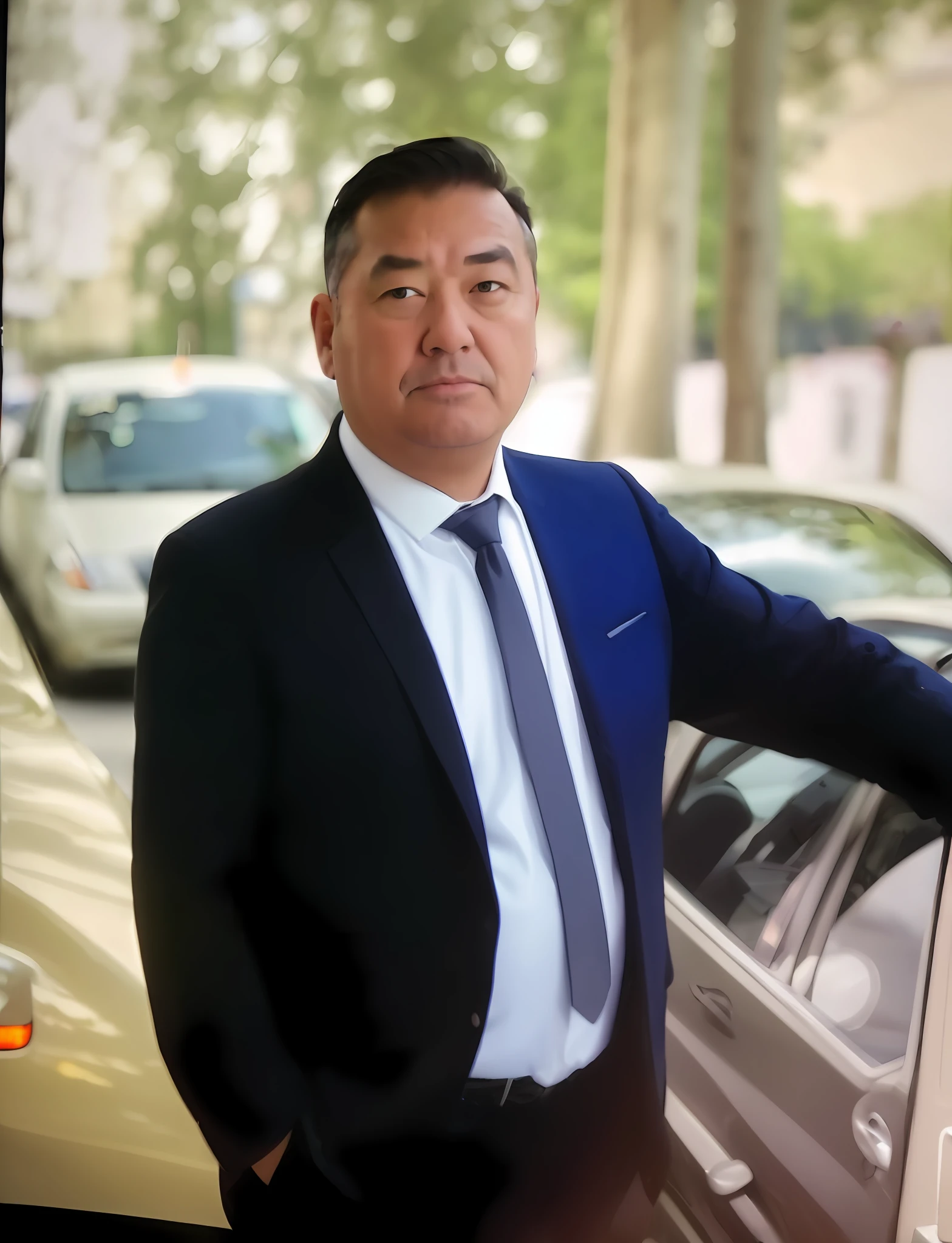 (Stable diffusion generation) Man in suit and tie, Middle age, Slightly darker complexion, Slightly chubby, Tie the beard, short detailed hair, wears glasses, As if waiting for something, It is surrounded by a tall building and a busy city street, A small car with blue paint on the outside is parked on the side of the road, The car glows blue, Set off the surroundings.