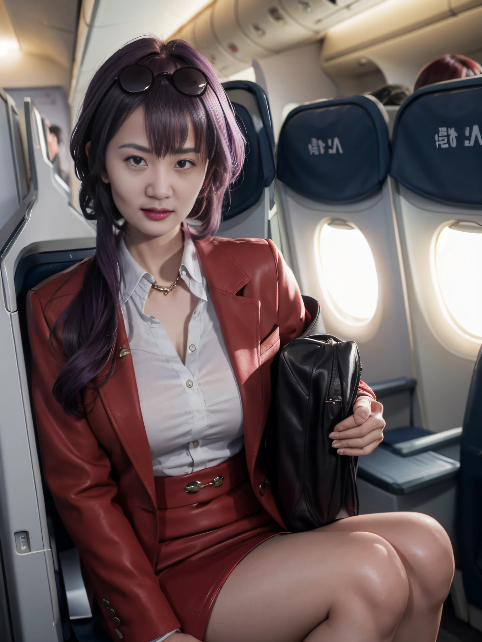 (Best quality: 1.1), (Realistic: 1.1), (Photography: 1.1), (highly details: 1.1), (1womanl), Airline flight attendants,Red coat,White shirt,Short skirt,black lence stockings,bent down,In the plane,KafkaHKS,Hong Kong,Purple eyes, Purple hair, eyewear on head, sunglasses,Medium breasts,slimfigure,Five fingers