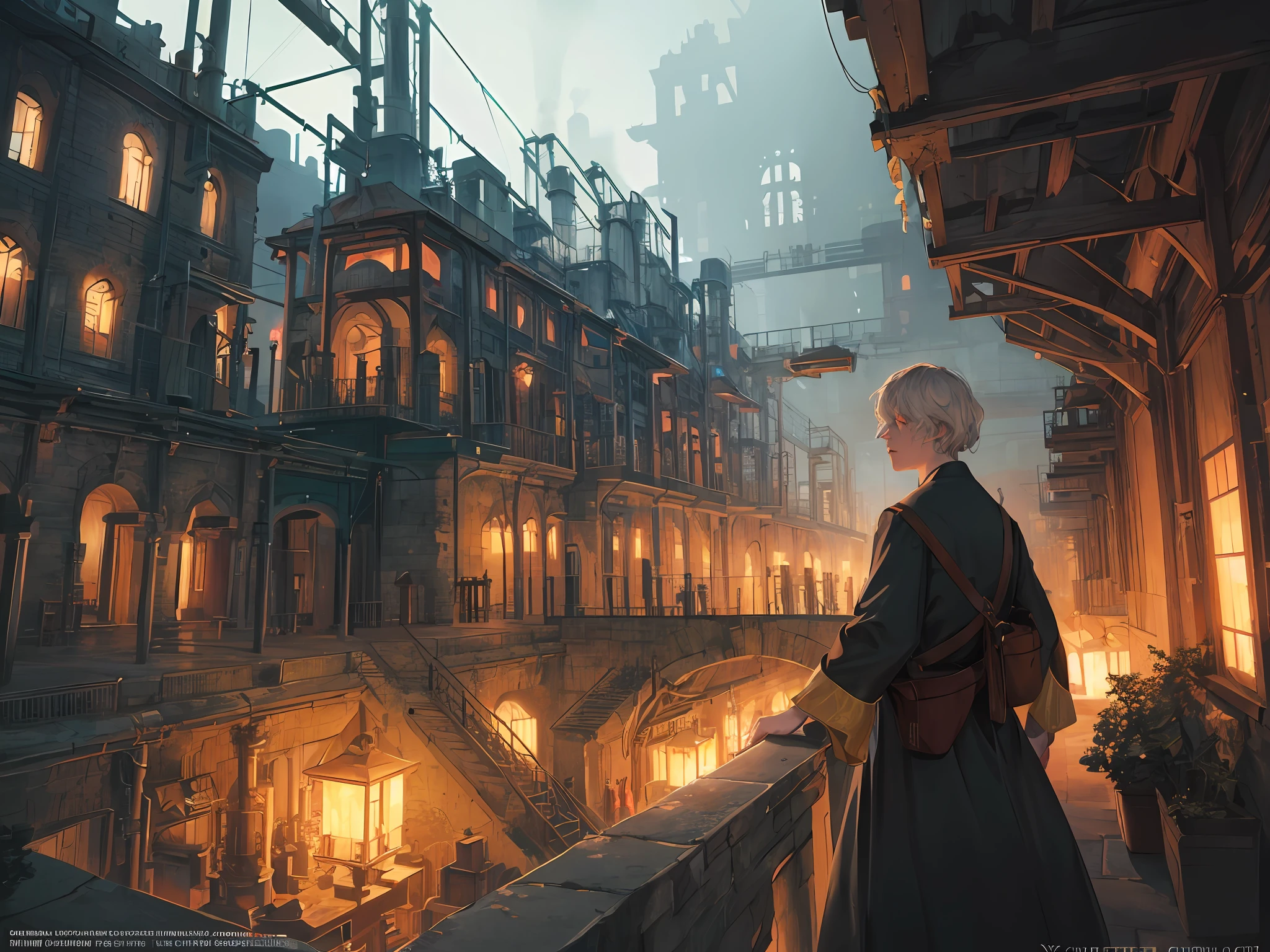 a color (Fantasy: 1.2), (Early 19th century style), Underground city, houses in the style of the early 19th century, (industrial revolution), (((factories of the factory))), Plants, Work, arches, Plants, lanterns, Sateen, crowd, dressed in the style of the Industrial Revolution, bridges, train, Floral decorations, Lights, ConceptArt, Artstation contest winner, Fantasy art, by Ross Tran, light shafts, Realistic lighting, tmasterpiece, hiquality, Beautiful graphics, higly detailed, tmasterpiece, hiquality, Beautiful graphics, higly detailed, low key light, gloomy atmosphere, smoke from chimneys, darkness --v6