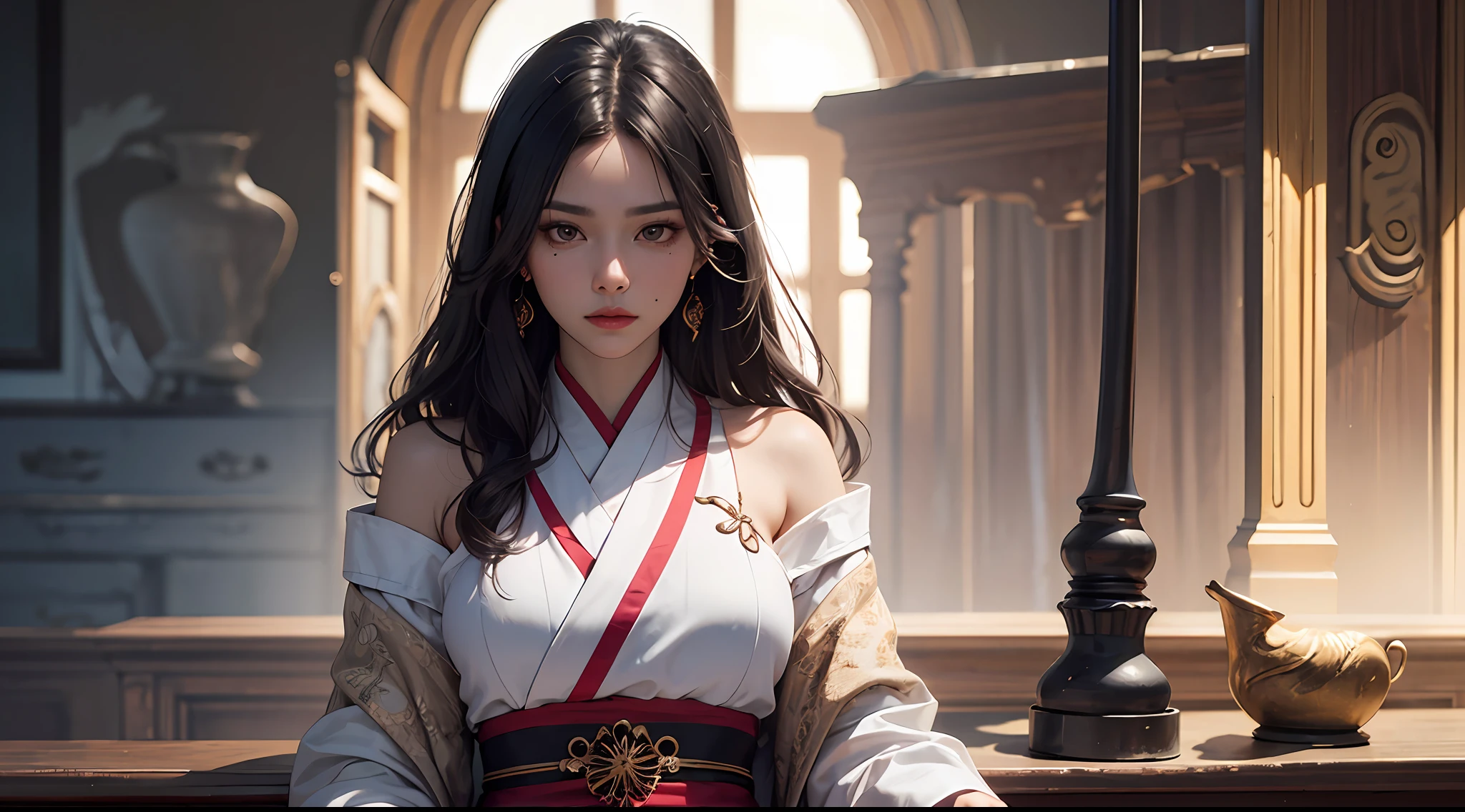 （tmasterpiece）+, （best qualtiy）+, （complexdetails）+, Profesional photogarpher, HDR, minority, Han Chinese, realisticlying, Original Drawing, cg, ethnic dress, femele, Chinese big breasts, Hanfu, Solemn, noble, standing on your feet, 4k，black hair, hair over shoulder, kanzashi, mole under eye, v-shaped eyebrows, serious, Realism, cinematic lighting, textured skin, anatomically correct, super detail --auto