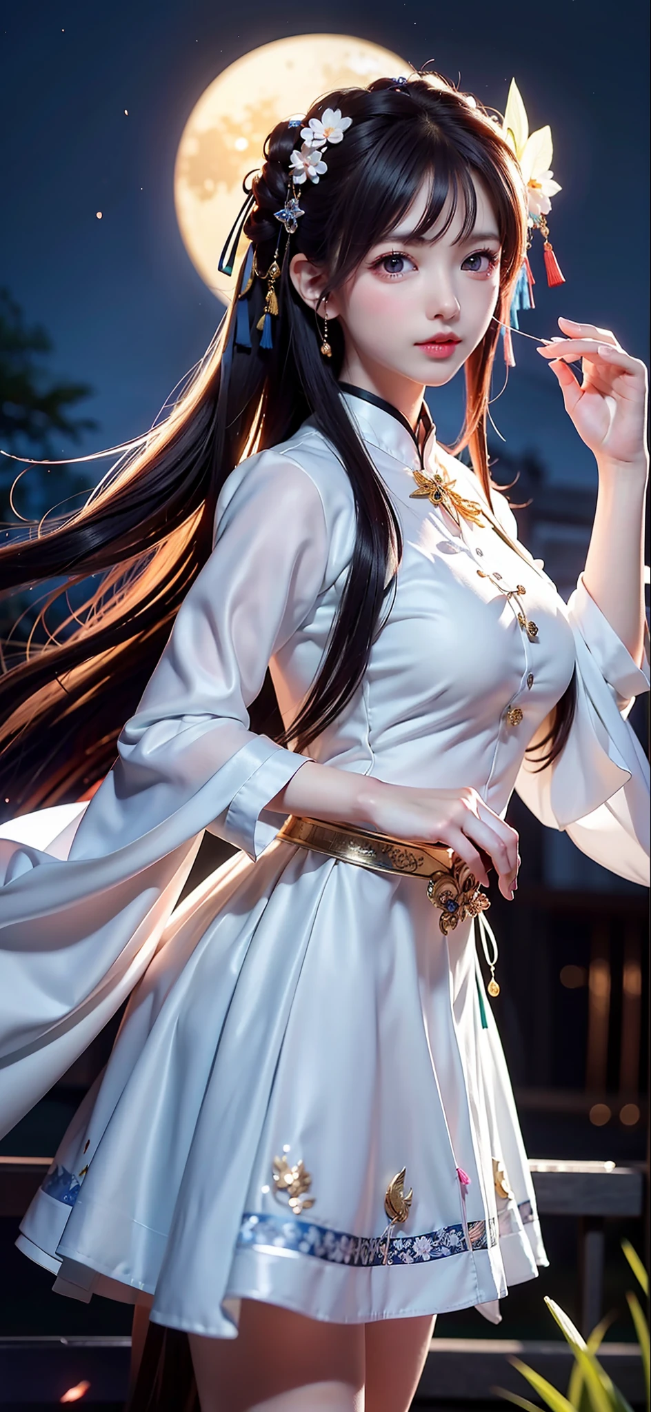 (8k, RAW photo:1.2), best quality, ultra high res,dramatic angle,(fluttered detailed color splashs), (illustration),(((1 girl))),(long hair),(rain:0.9), (头饰:1.4),少女身边有一座古宫,汉服,(重点),彩色水墨画,(泼彩),泼彩,(((colorful))),(素描:0.8) , Masterpiece, best quality, beautiful painted, highly detailed,(denoising:0.6),[splash ink],((ink refraction)), (beautiful detailed sky),moon,highly,detaild,(masterpiece, best quality, extremely detailed） CG unity 8k壁纸，杰作，最好的质量，超详细），（石蒜），