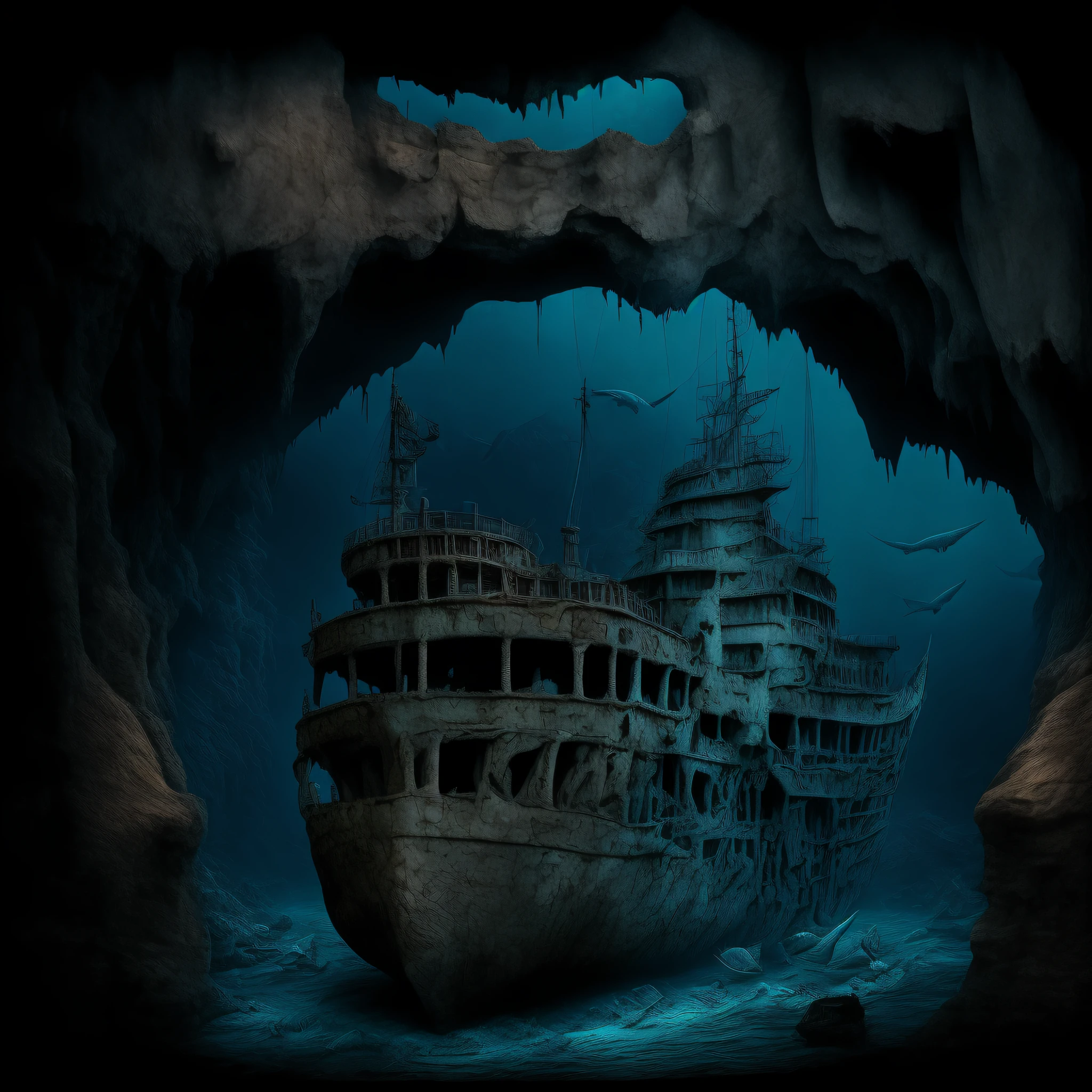 ultra detail skin, no sun light, old sunken ship and jaws of in deep sea cave background, found in a small submarine.