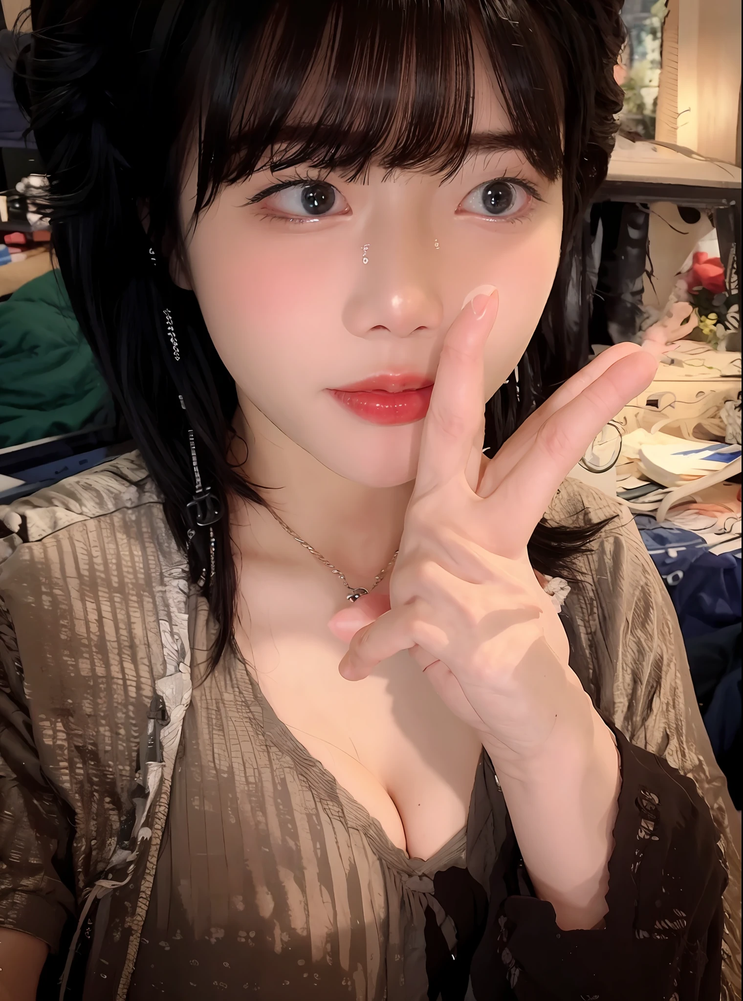 there is a woman that is making a peace sign with her hand, 8k selfie photograph, 8K Artgerm bokeh, clear cute face, with cute - fine - face, ulzzangs, wan adorable korean face, girl cute-fine face, with index finger, with small nose, jaeyeon nam, dilraba dilmurat