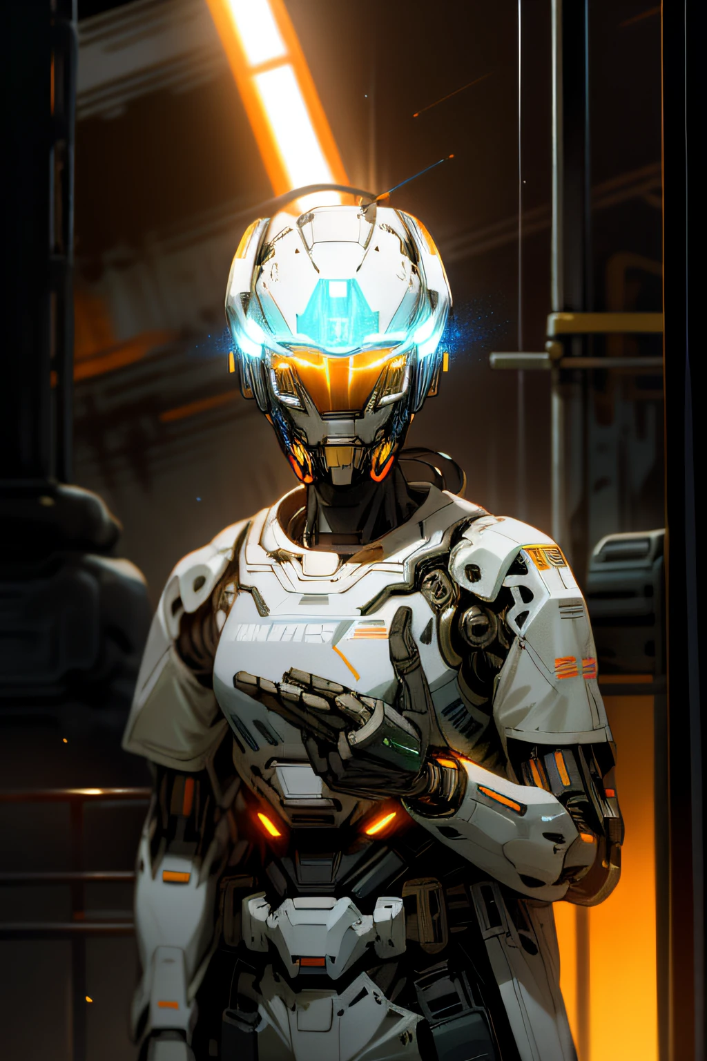 on moon，barren planets，废墟，holdingweapon，without humans，with light glowing，droid，buliding，glowing light eyes，orange Mecha，scientific fiction，城市，Realistis，mechs，Milky Way Galaxy background，neonlight，cyber punk perssonage，mtu