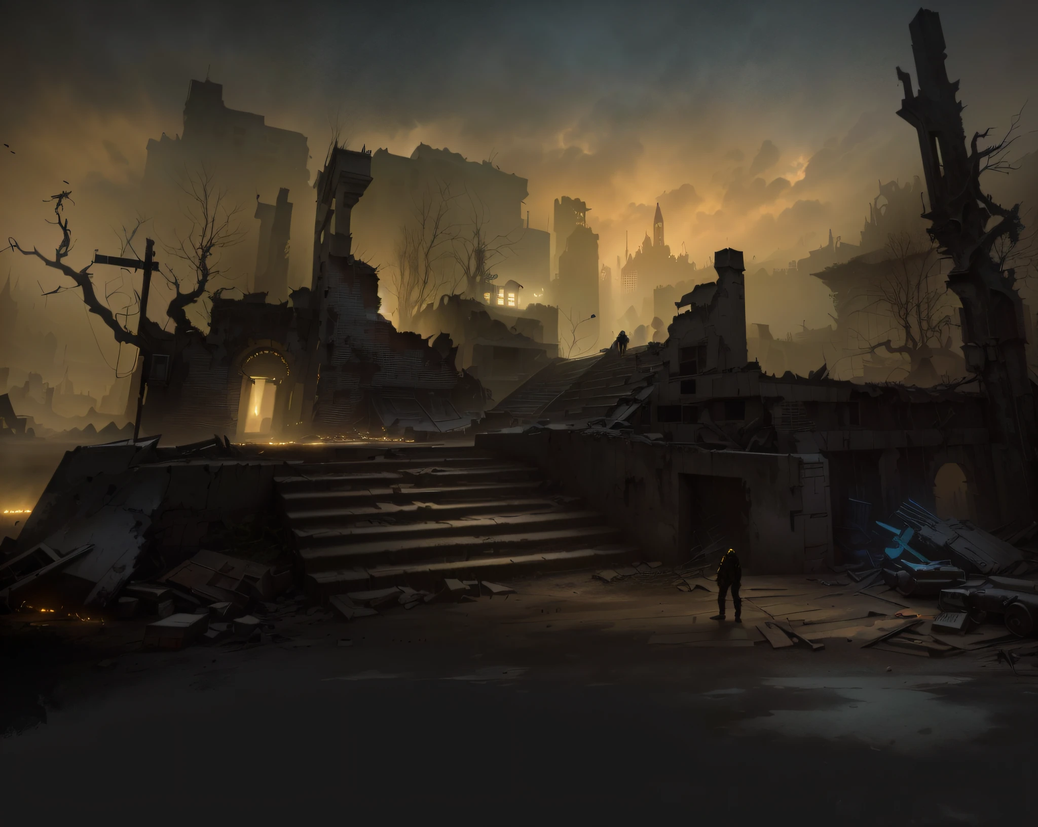 Arafed city scene,A man stands in front of a ruined building, eerie nostalgic concept art, dark cinematic concept art, dramatic concept art, dark ruins landscape, concept art for a video game, dark concept art, Dramatic lighting. concept-art, Dystopian digital concept art, concept art stunning atmosphere, photorealistic dark concept art, painted as a game concept art