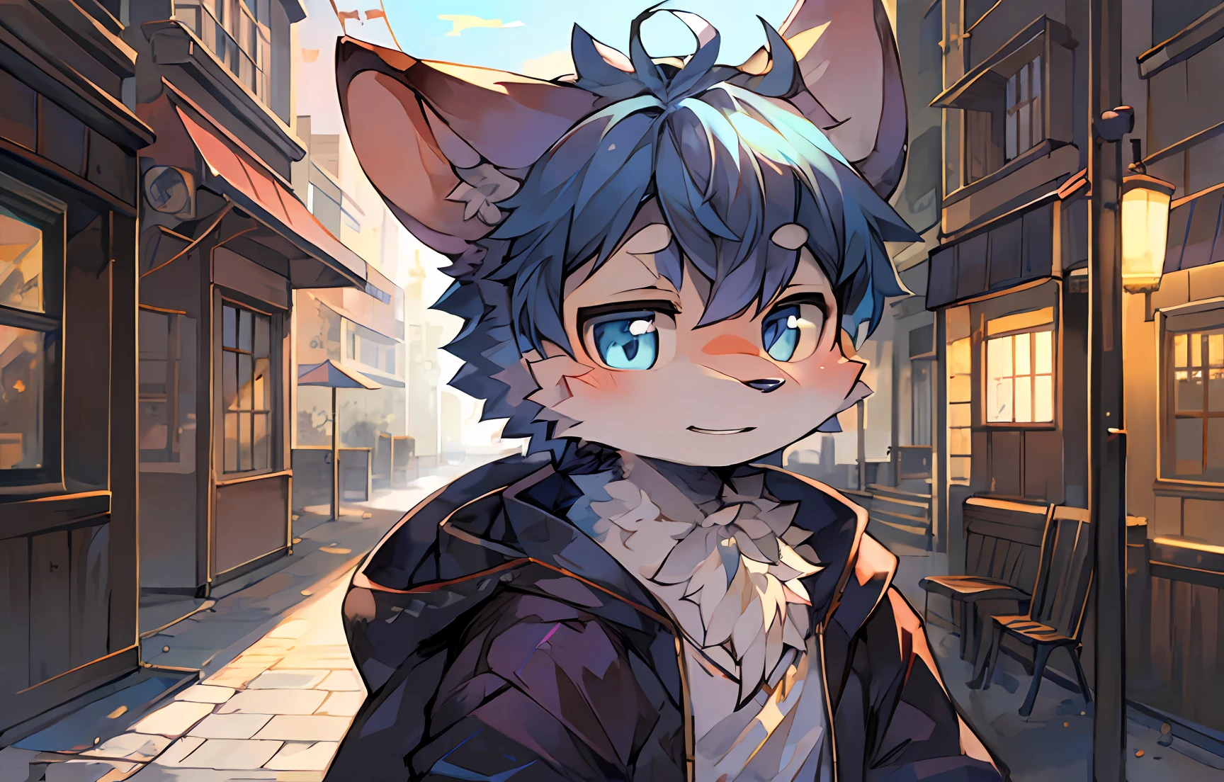 shaggy,furred,bodyfur,城市,the street,独奏,short- sleeved,BREAK BREAK BREAK,AOEU,AOEU,Rodents,Purple fur,dark-blue hair,Light blue eyes,eyes with brightness