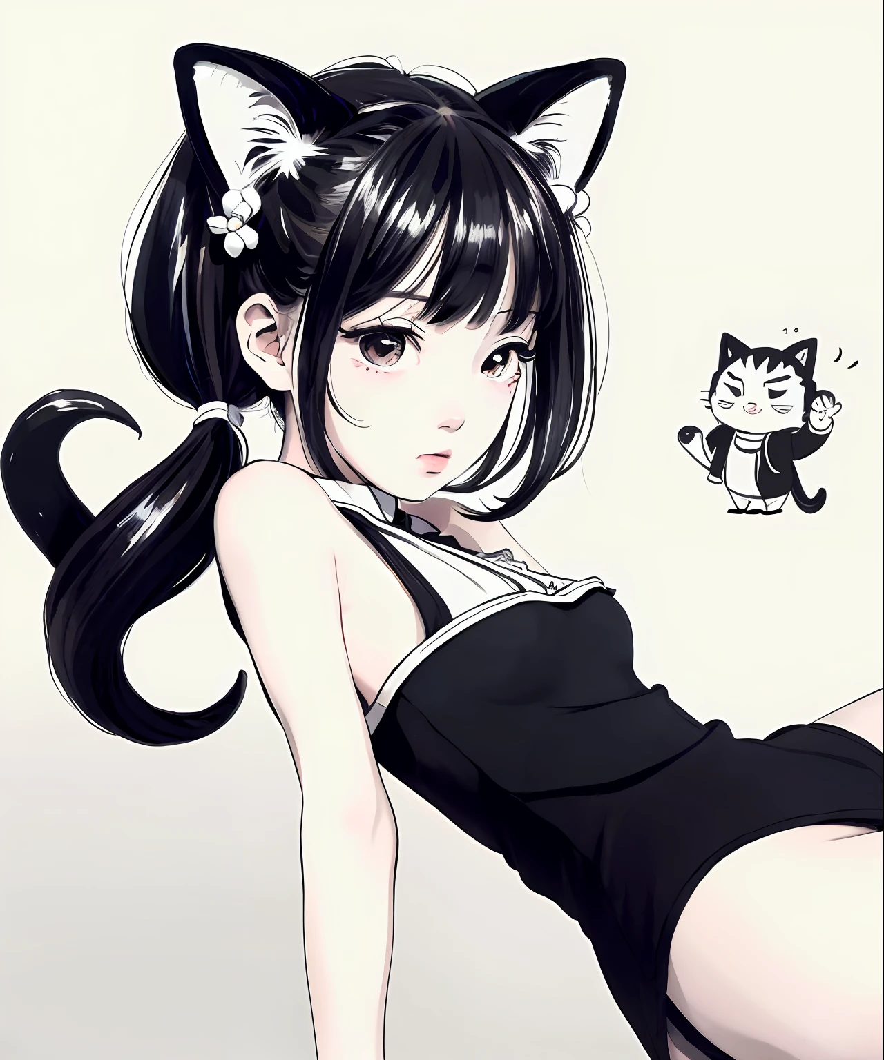(masterpiece)、(best quality)、(Dry pen style:1.3)、(Cat-eared girl)、(relaxed、Lively lines:1.2)、(adolable、naughty:1.2)、(Simple lines:0.9)、(Fresh and simple:1.1)、(Black and white antique characters:1.2)、(Dynamic sketching:0.9)、(Fresh line depiction:1.1)
