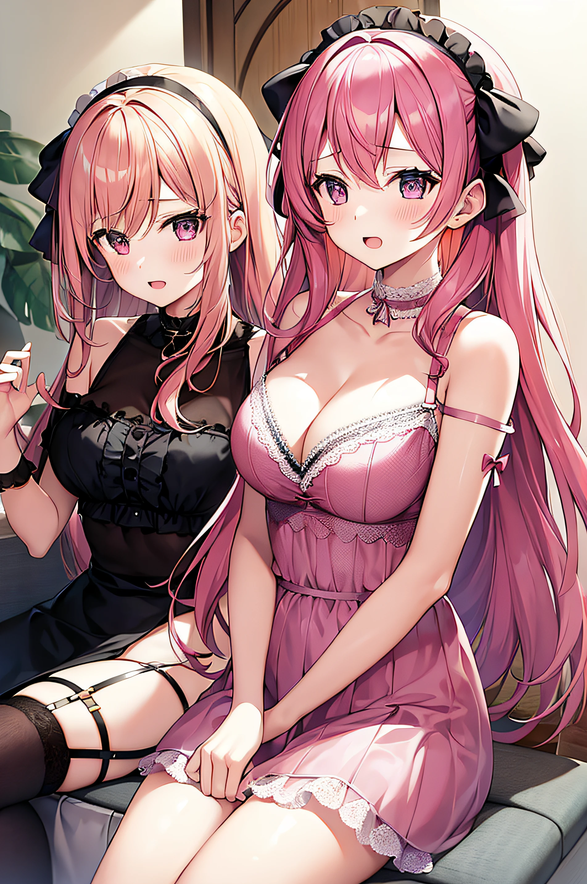 2girls,Pink hair,an lingerie