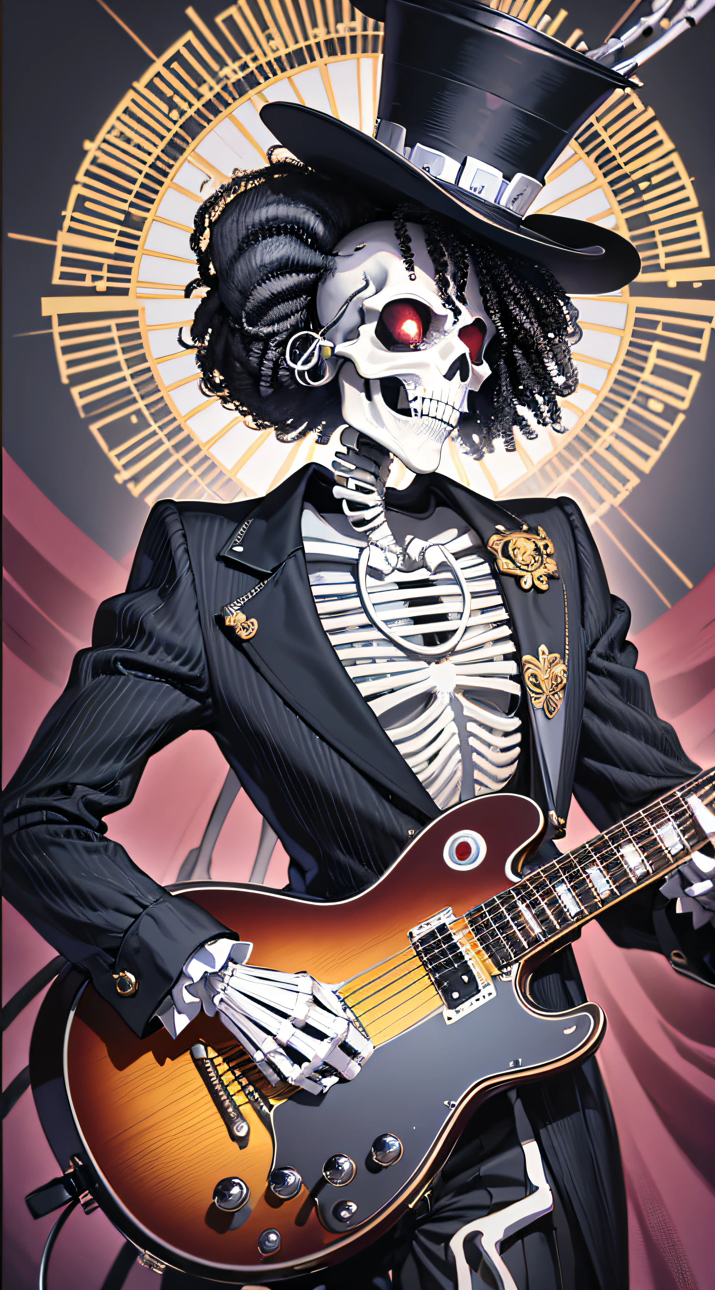 masterpiece, best quality,8k,highestres, absurdres, extremely detailed, brook\(one piece\), afro hair, black hair, solo, looking at viewer, an extremely tall skeleton dressed in formal attire complete with top hat and guitar, ((skeleton hands and body)),///,