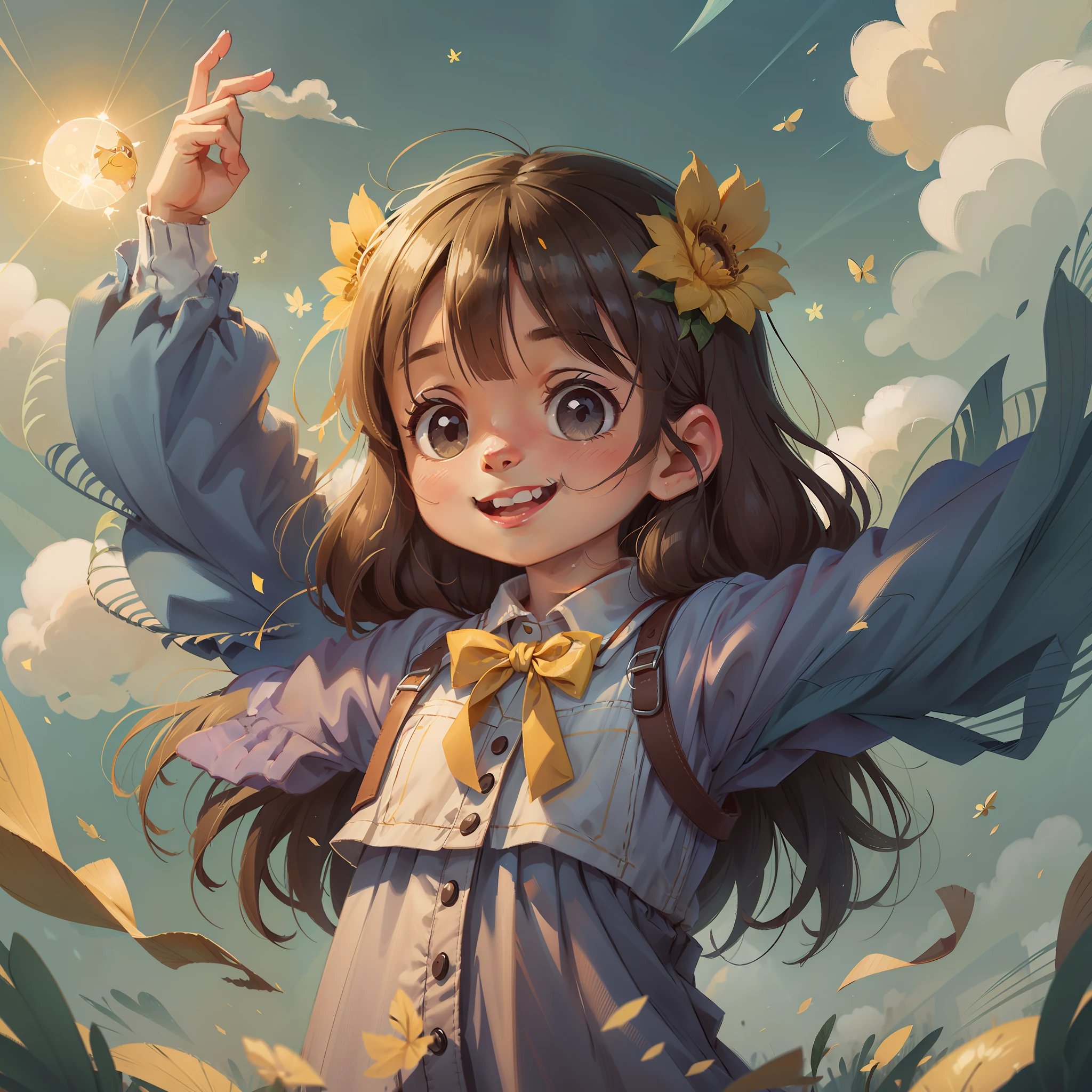 The smiled,Look at the sky with open arms,The sky is charming,A yellow light fell from the sky,spirituality、heal