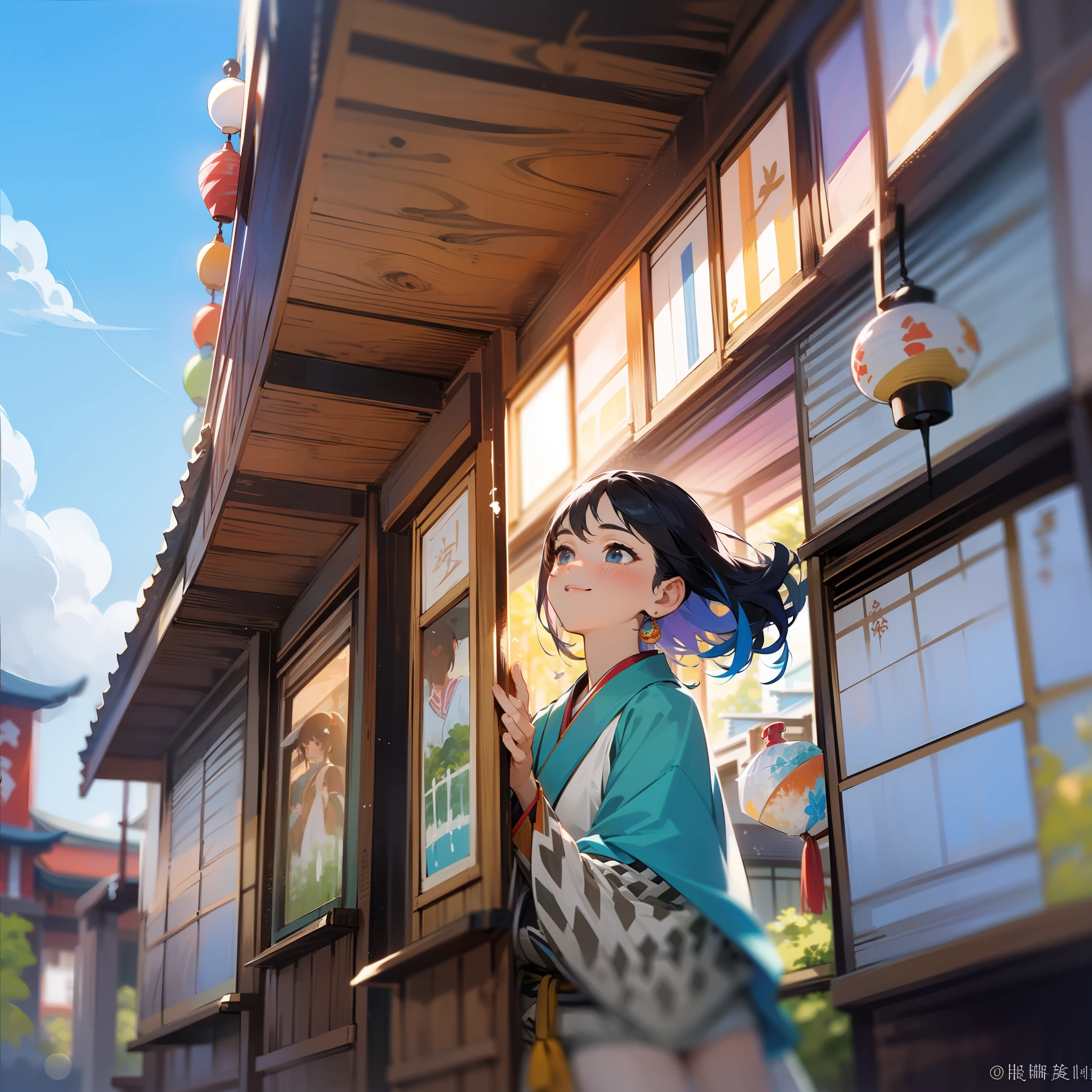 Drawn in 8K ultra-high resolution、A cool scene on a summer day。In the center is a young woman.、Her hairstyle is short cut with black hair、Colorful inner colors shine in the summer sun。She is dressed in a light white summer dress.、The way the flowing lines sway in the wind is cool.。In her hands、A blue-colored glass shaved ice is held in the hand.、A satisfied smile forms on his lips.。
Behind her、A summer landscape with a blue sky and white clouds spreads out.、You can see the sea in the distance。Number of summer festival stalls in the immediate vicinity of the beach々、Lantern light、cotton candy、The smell of grilled fish、Furthermore, people in yukata々is creating a lively atmosphere。Traditional Japan wind chimes sway in the wind、Play a cool tone、It makes you forget the summer heat。This image is、It vividly depicts the atmosphere of Japan who finds coolness even in the summer heat.。