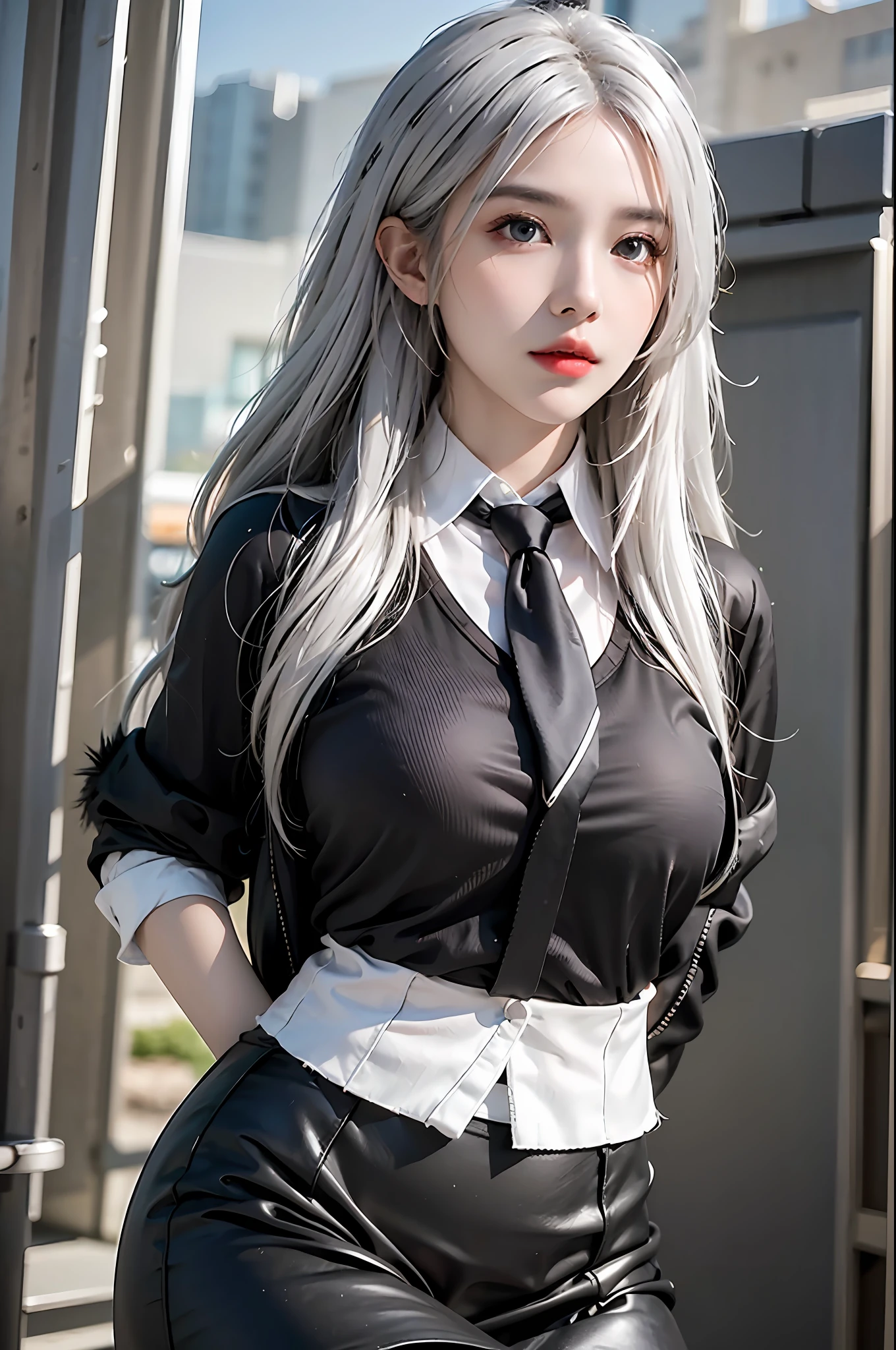 photorealistic, high resolution, 1 girl, hips up, beautiful eyes, white hair, long hair, ringed eyes, collared shirt,black necktie,black skirt, pencil skirt, fur coat