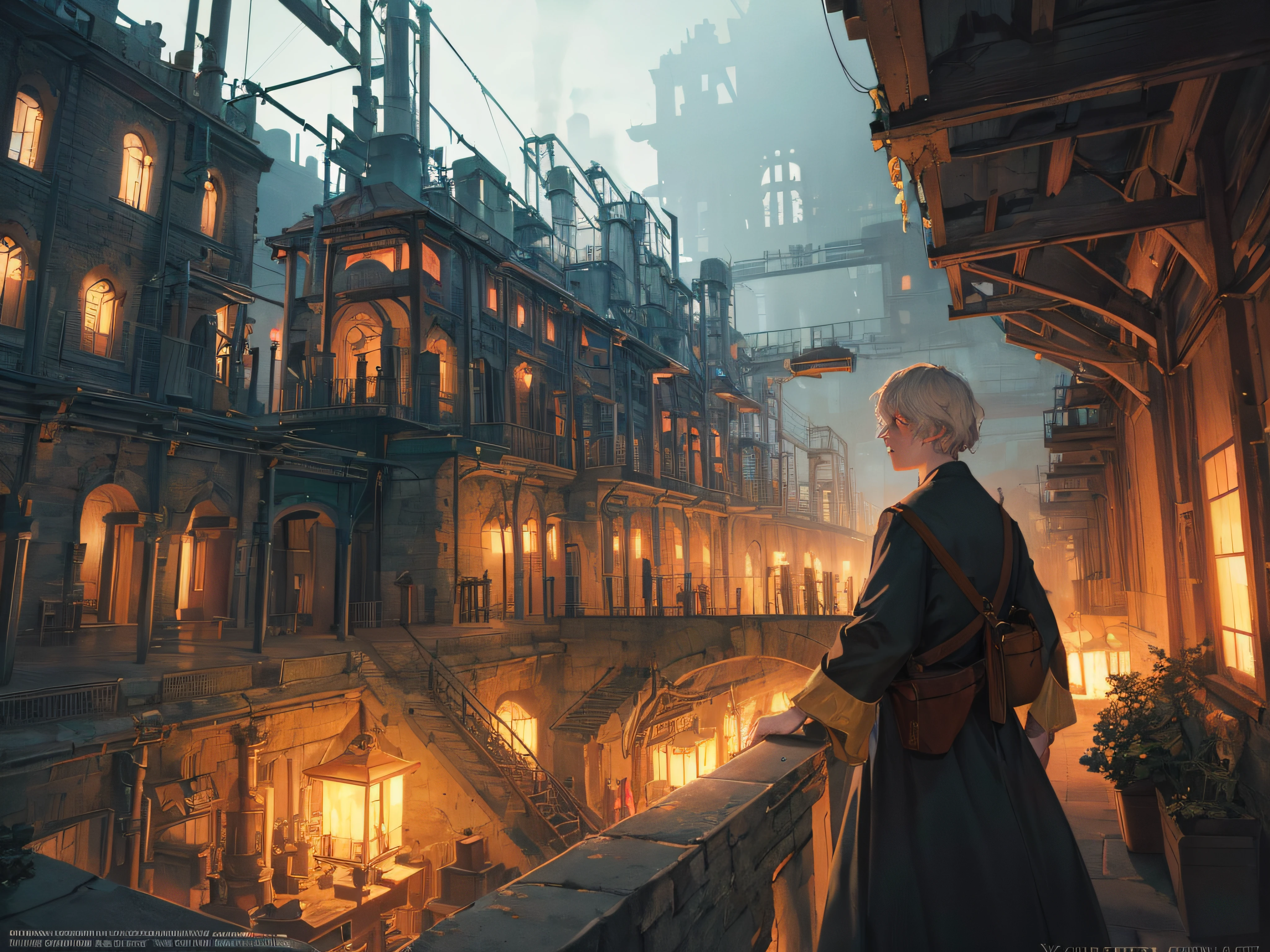 a color (Fantasy: 1.2), (Early 19th century style), Underground city, houses in the style of the early 19th century, (industrial revolution), (((factories of the factory))), Plants, Work, arches, Plants, lanterns, Sateen, crowd, dressed in the style of the Industrial Revolution, bridges, train, Floral decorations, Lights, ConceptArt, Artstation contest winner, Fantasy art, by Ross Tran, light shafts, Realistic lighting, tmasterpiece, hiquality, Beautiful graphics, higly detailed, tmasterpiece, hiquality, Beautiful graphics, higly detailed, low key light, gloomy atmosphere, smoke from chimneys, darkness --v6