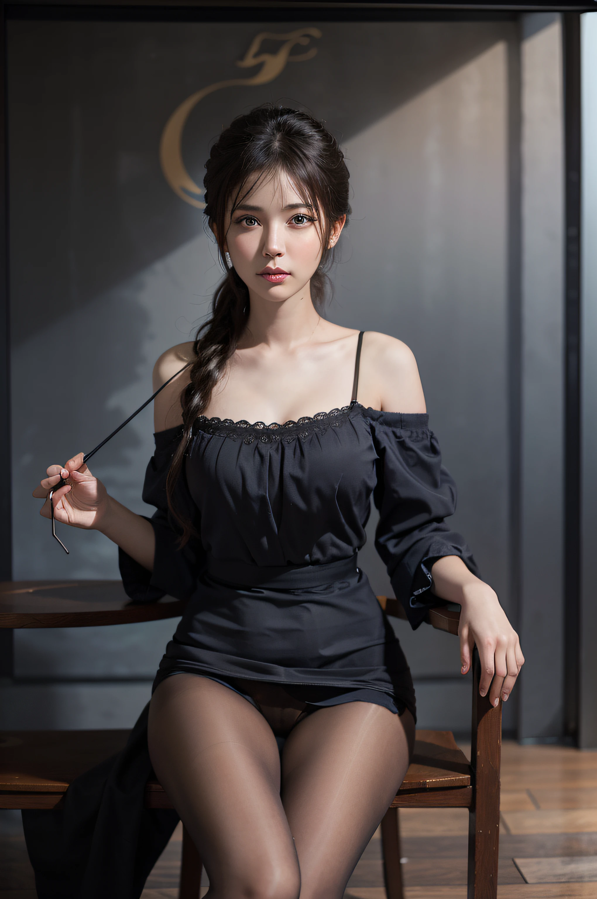 (Front focus),(in the darkness nigth:1.6),((sitting on a rocking chair)),Surrealist portraits of women by David Hockney and Alphonse Mucha,Fantasyart,photographrealistic,动态照明,art stations,poster for,((pantyless)),((lacepantyhose)),(camel-toe),Volumetriclighting,Very detailed faces,4 k'',Award-Awarded, 1girll, In the dark, deepshadow, low tune, Cowboy shot, (official clothes:1.4), long whitr hair, whaite hair