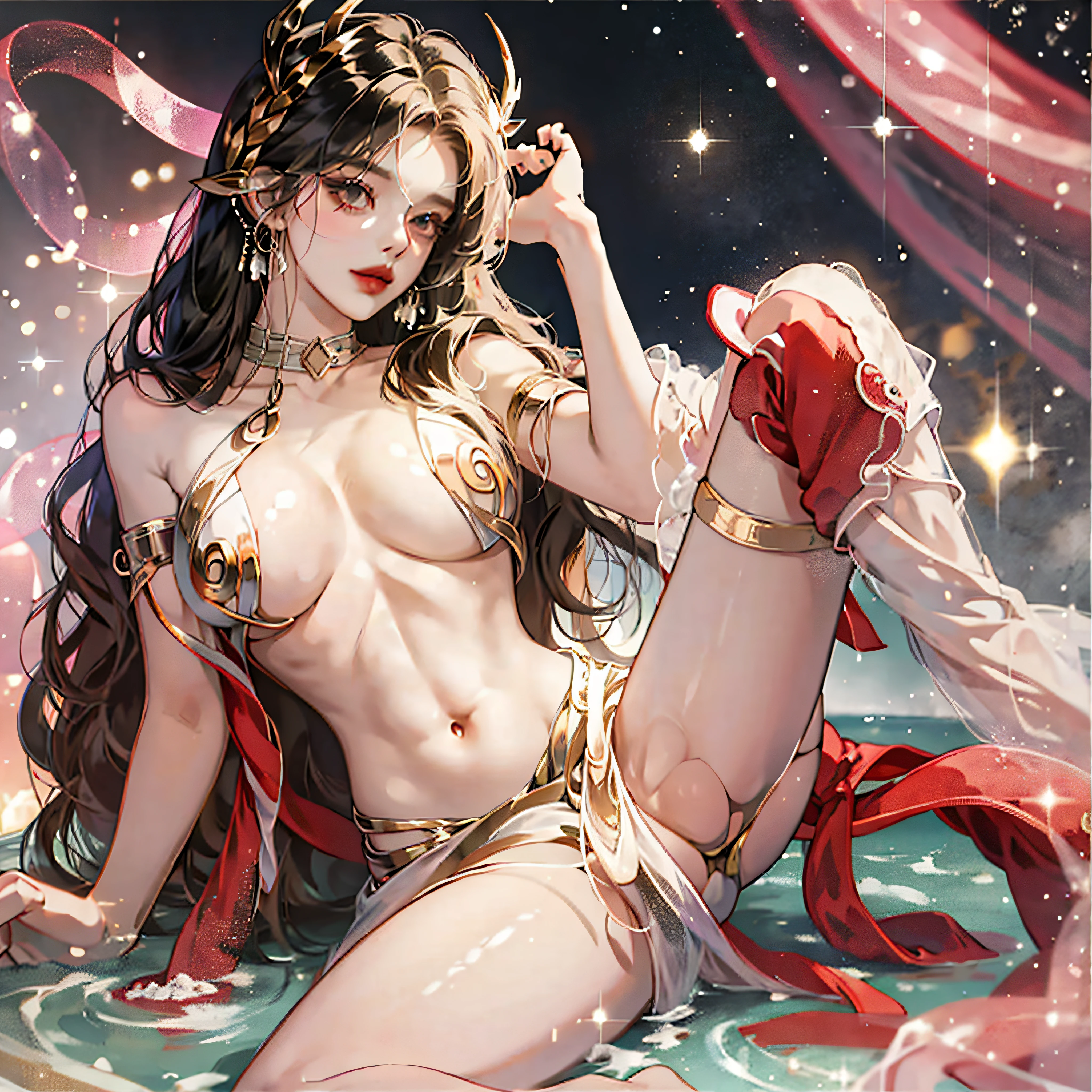 Naked seductive big-breasted woman,hips bare,head gear,Delicate leg rings