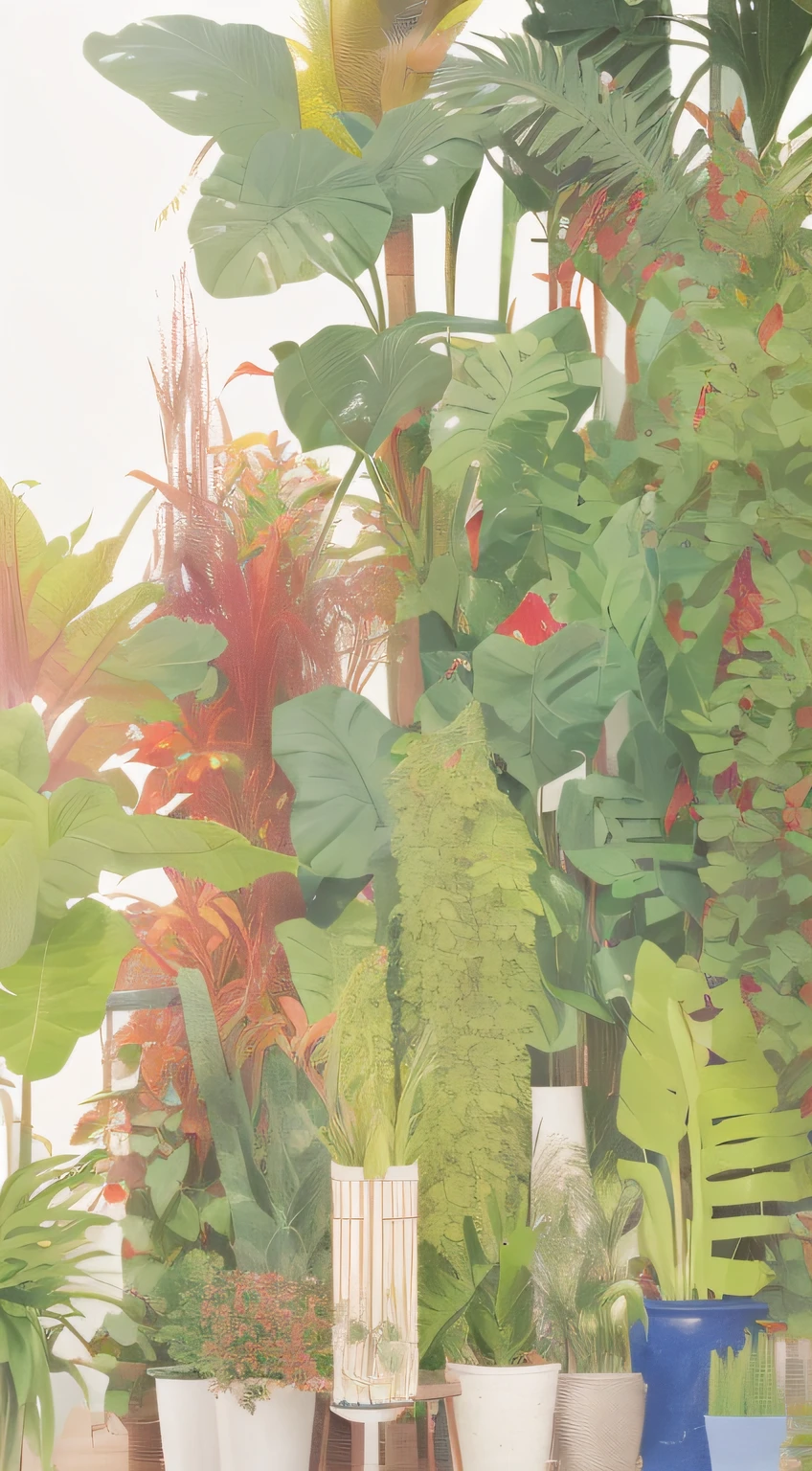 (The garden is filled with a wide variety of plants:Green and red trees and plant leaves,Verdant and tall vegetation,In glass tubes are planted forest and tropical plants and flowers。Plants dot every corner of the jungle,Make this artwork more colorful。)