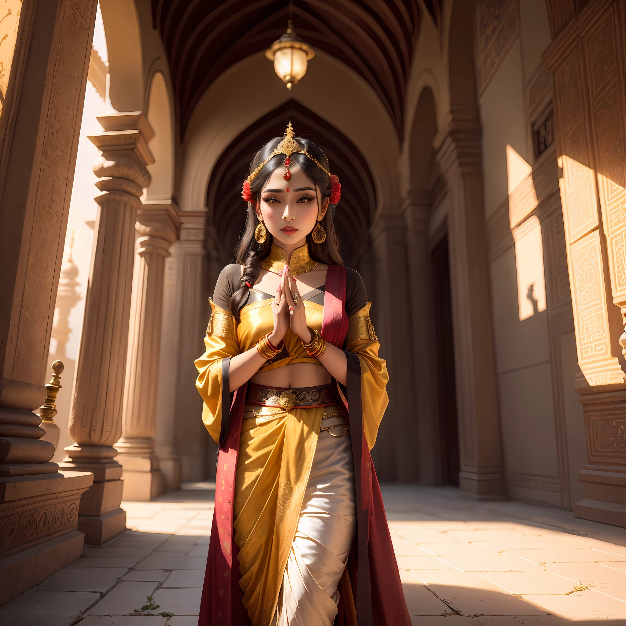 araffe dressed in a yellow and red outfit standing in a hallway, palace ， a girl in hanfu, cinematic goddess shot, hindu aesthetic, indian goddess of wealth, traditional beauty, inspired by Raja Ravi Varma, wearing jedi robes and a sari, indian goddess, ornate cosplay, wearing an ornate outfit, wearing a steampunk sari, inspired by Lan Ying