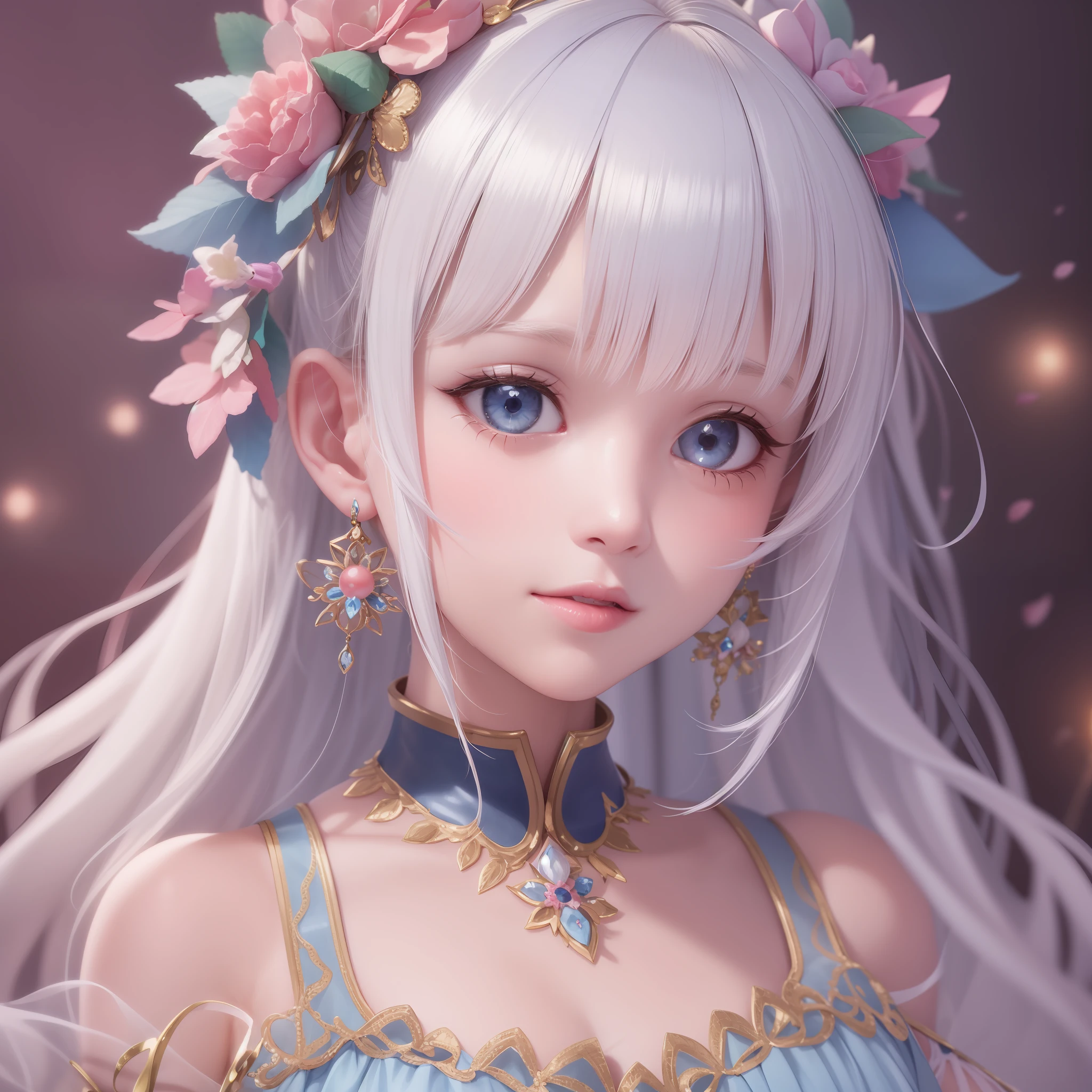 Close up of a with white hair and pink streamer hair ornaments,Fairy dress,Glazed earrings,Light blue solid background,Anime style. 8K, a beautiful anime portrait