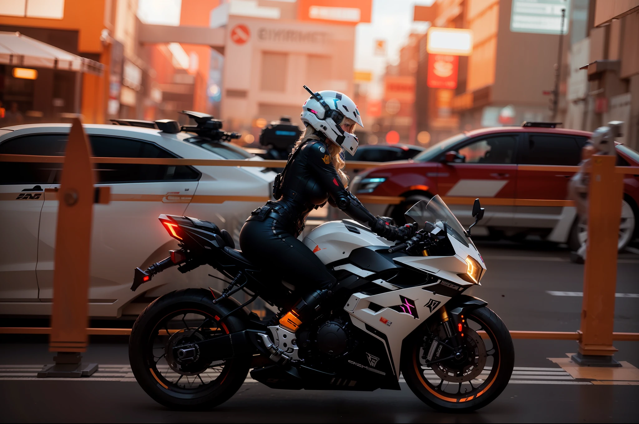 Sexy Cyber Warrior,Long flowing blonde hair,White cyberpunk high-tech mech costume,White cyberpunk faceless helmet,Biomechanicals, MSHN Robot Woman,High-tech helmet,hyper realisitc, Steel, Complex design, insanely details, finely detailled, Extremely clear lines, cinmatic lighting, photograph realistic, A detailed masterpiece