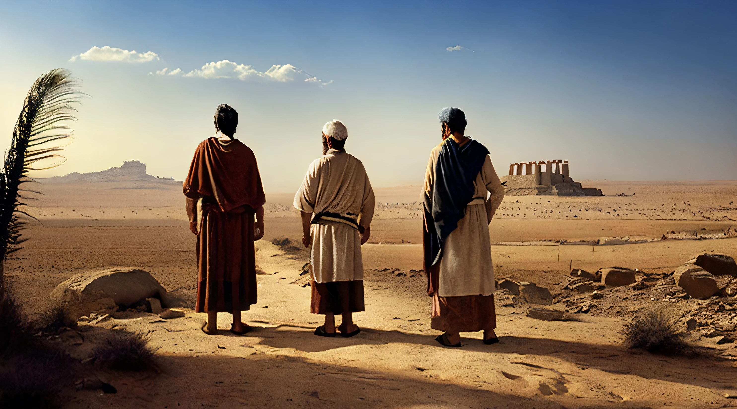 Biblical times、(((Three middle-aged men in the distance)))、is standing、((1st century))、((Ancient Israel))、Wasteland、full body Esbian、