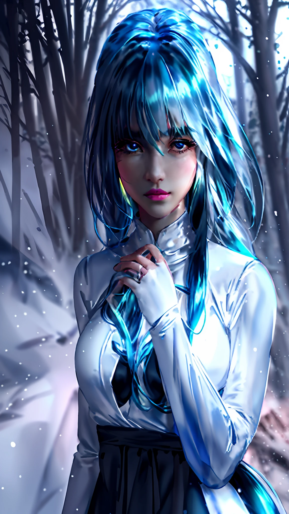 (High quality, best quality, 8k, high details, subsurface scattering ) Beautiful anime girl in woods, big boobs, slim body, pretty face, aqua eyes, pink lips, white translucent traditional clothes, spears in hand, multicolour hair, long hair
