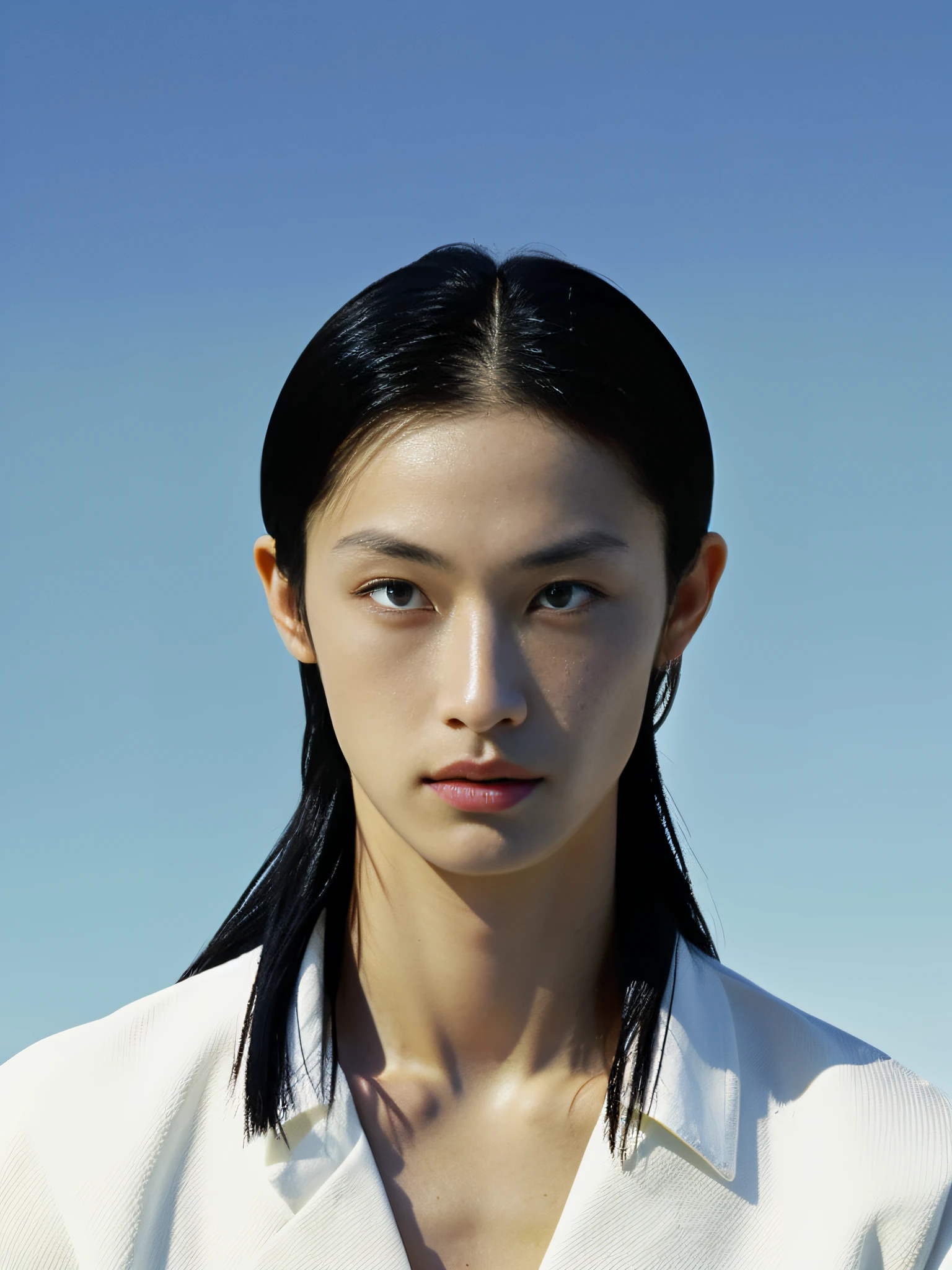 Fashion image of a model in a dramatic, standing against a saturated, deep-blue sky, Artist: Yohji Yamamoto --ar 9:14 50 --style raw, streaked hair, snowflake hair ornament, head wreath, aqua eyes, atmospheric perspective, textured skin, award winning --s 2