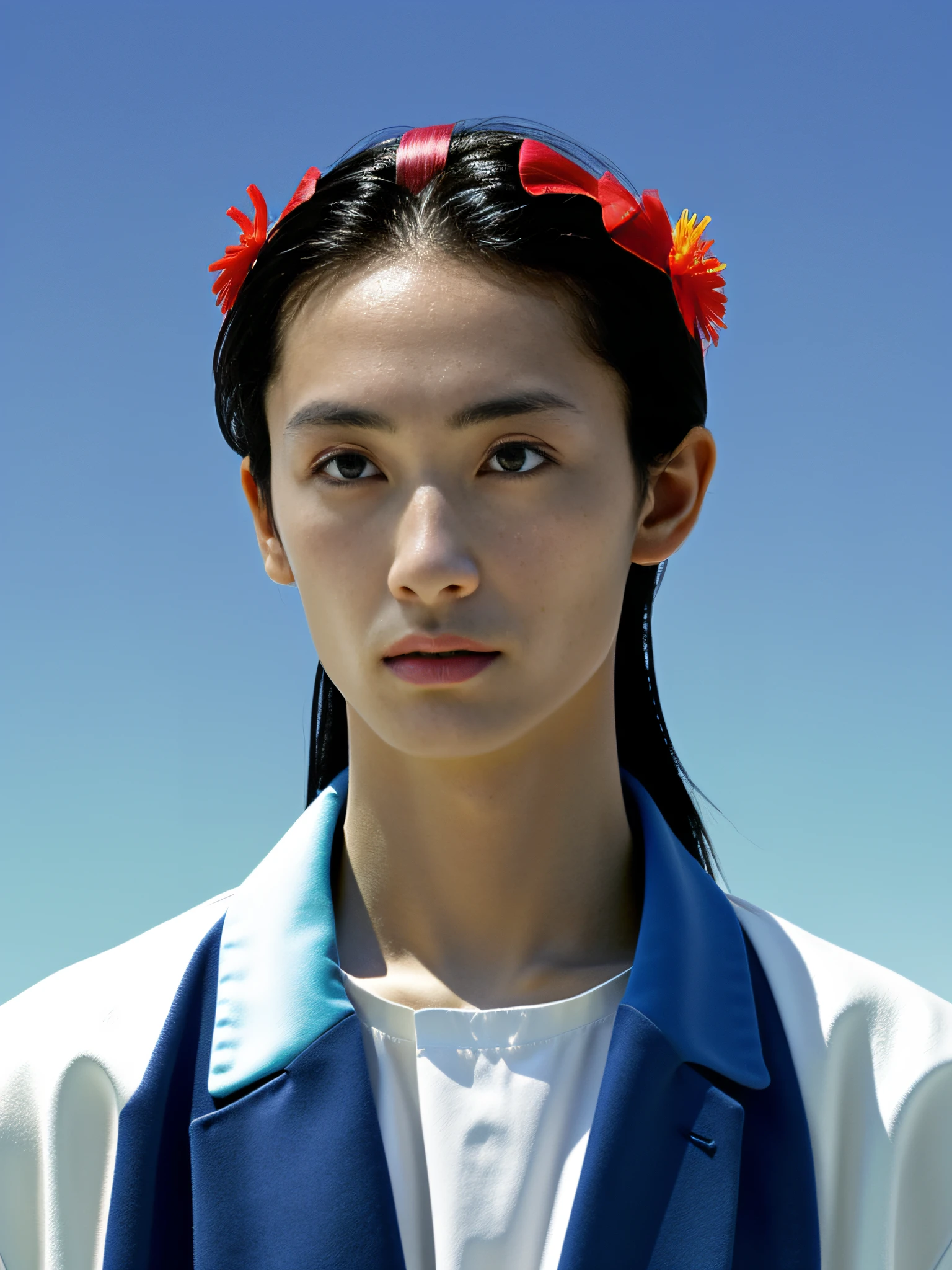 Fashion image of a model in a dramatic, standing against a saturated, deep-blue sky, Artist: Yohji Yamamoto --ar 9:14 50 --style raw, streaked hair, snowflake hair ornament, head wreath, aqua eyes, atmospheric perspective, textured skin, award winning --s 2