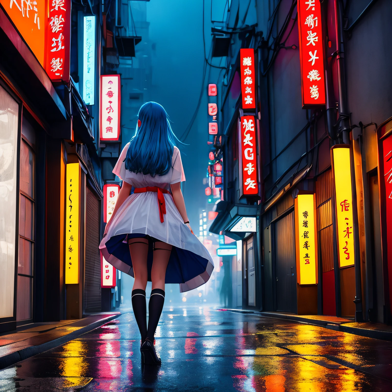 (best quality, masterpiece: 1.3), 1girl, rainy day, fog, alley, umbrella holding, large and transparent umbrella, looking at the viewer, blue hair, facing the photo, cyberpunk city, alone in the alley, neon in the alley, very reflective city, long hair, sized strands going over the alley, bars, Japan, Tokyo, garter belt on one leg, knee pad on the other leg, perfect hand, delicate, night --auto