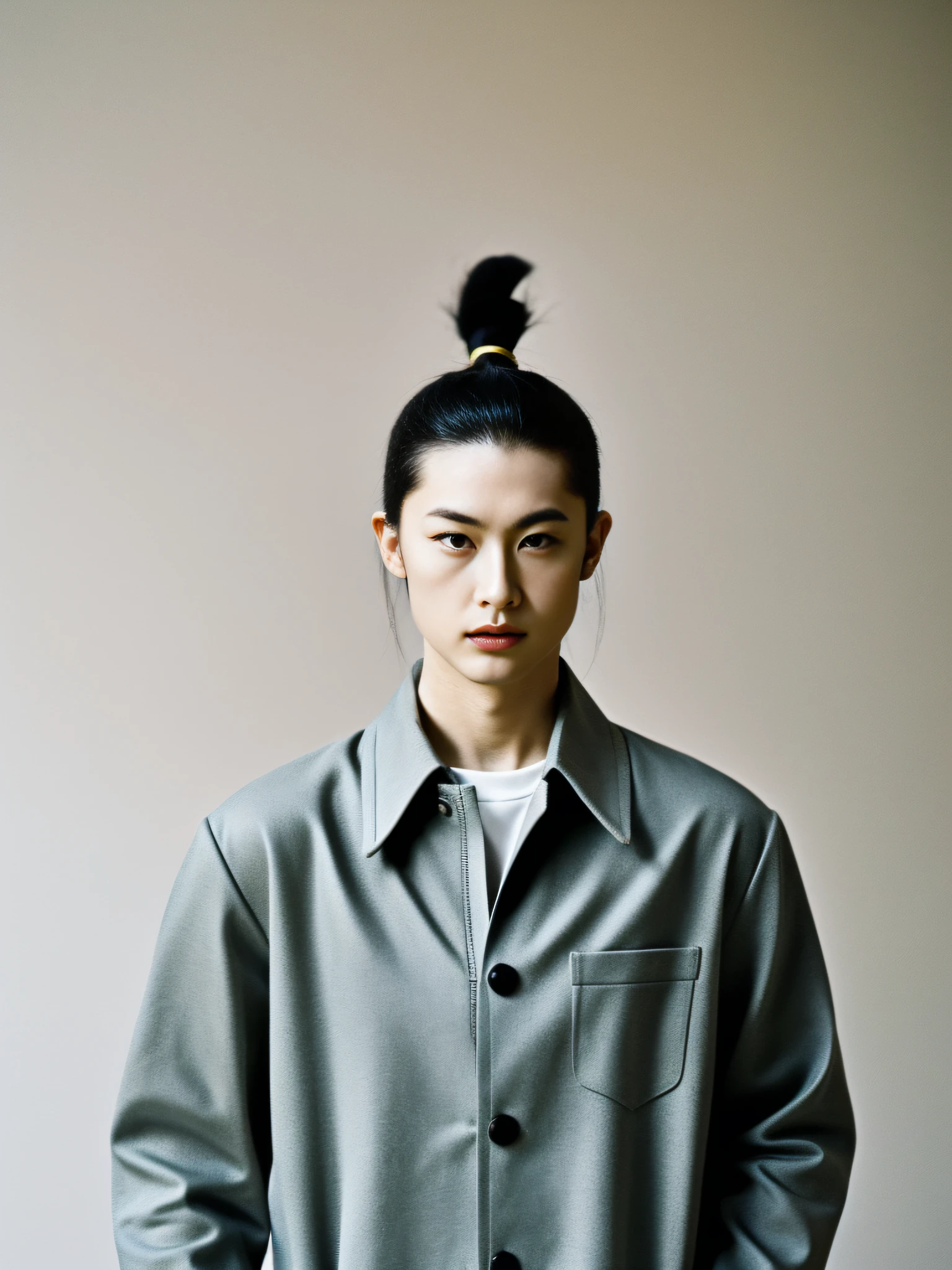 of a guy，fashion magazine，vanishing point，Black tones，alien planet，Elegant and stylish clothing，terracotta warriors，Minimalist interior design。