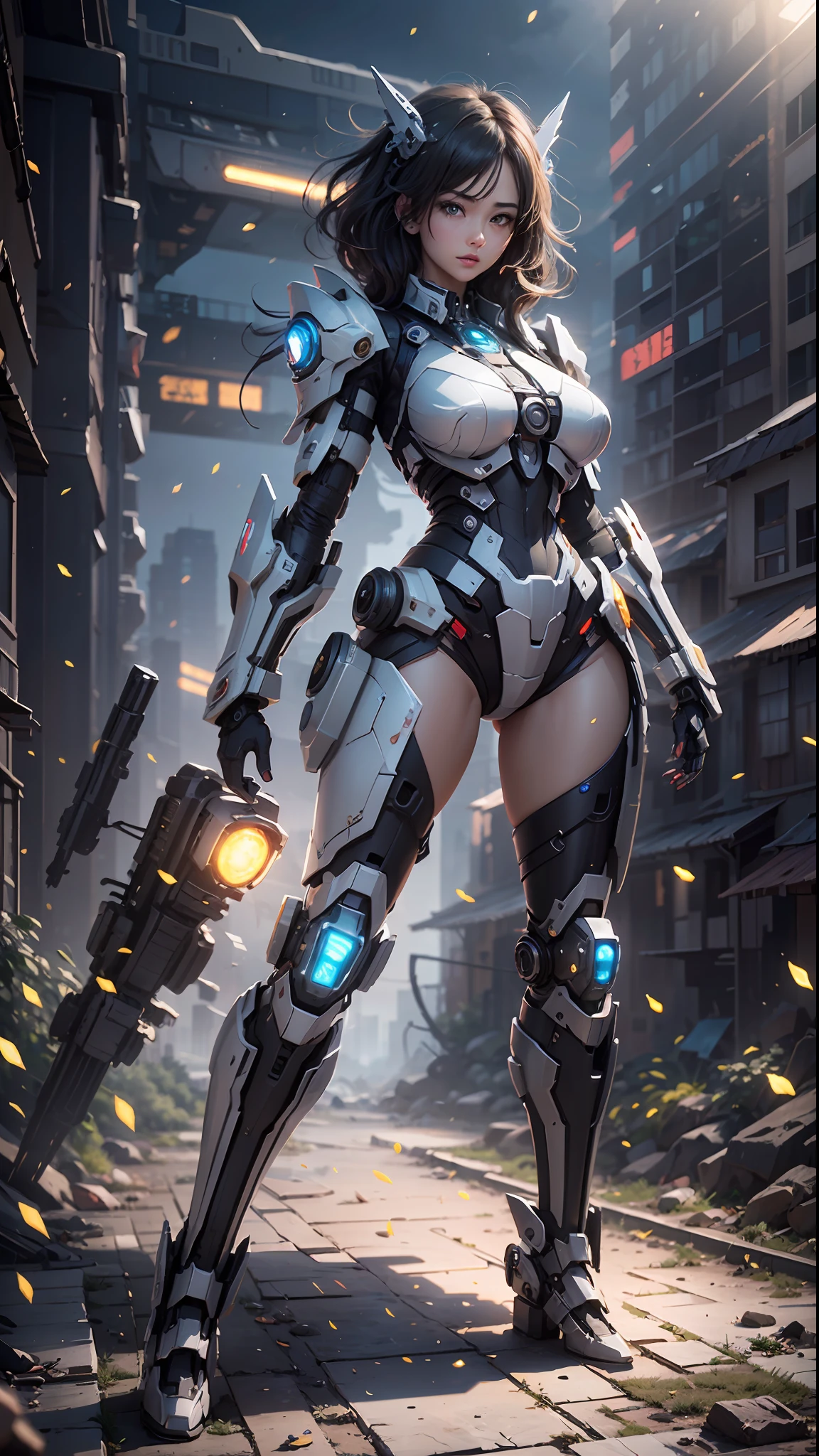 ((Best Quality)), ((Masterpiece)), (Very Detailed: 1.3), 3D, Icaru valkirie-mecha, Beautiful cyberpunk woman using crown, sci-fi technology, HDR (High Dynamic Range), ray tracing, nvidia RTX, super resolution, unreal 5, subsurface scattering, PBR texture, post-processing, anisotropic filtering, depth of field, maximum sharpness and sharpness, multi-layer texture, specular and albedo mapping, surface shading, accurate simulation of light-material interactions, perfect proportions, octane rendering, duotone lighting, low ISO, white balance, rule of thirds, wide aperture, 8K RAW, high efficiency subpixels, subpixel convolution, light particles, light scattering, Tyndall effect, very sexy, full body, battle pose, black hair with braids,