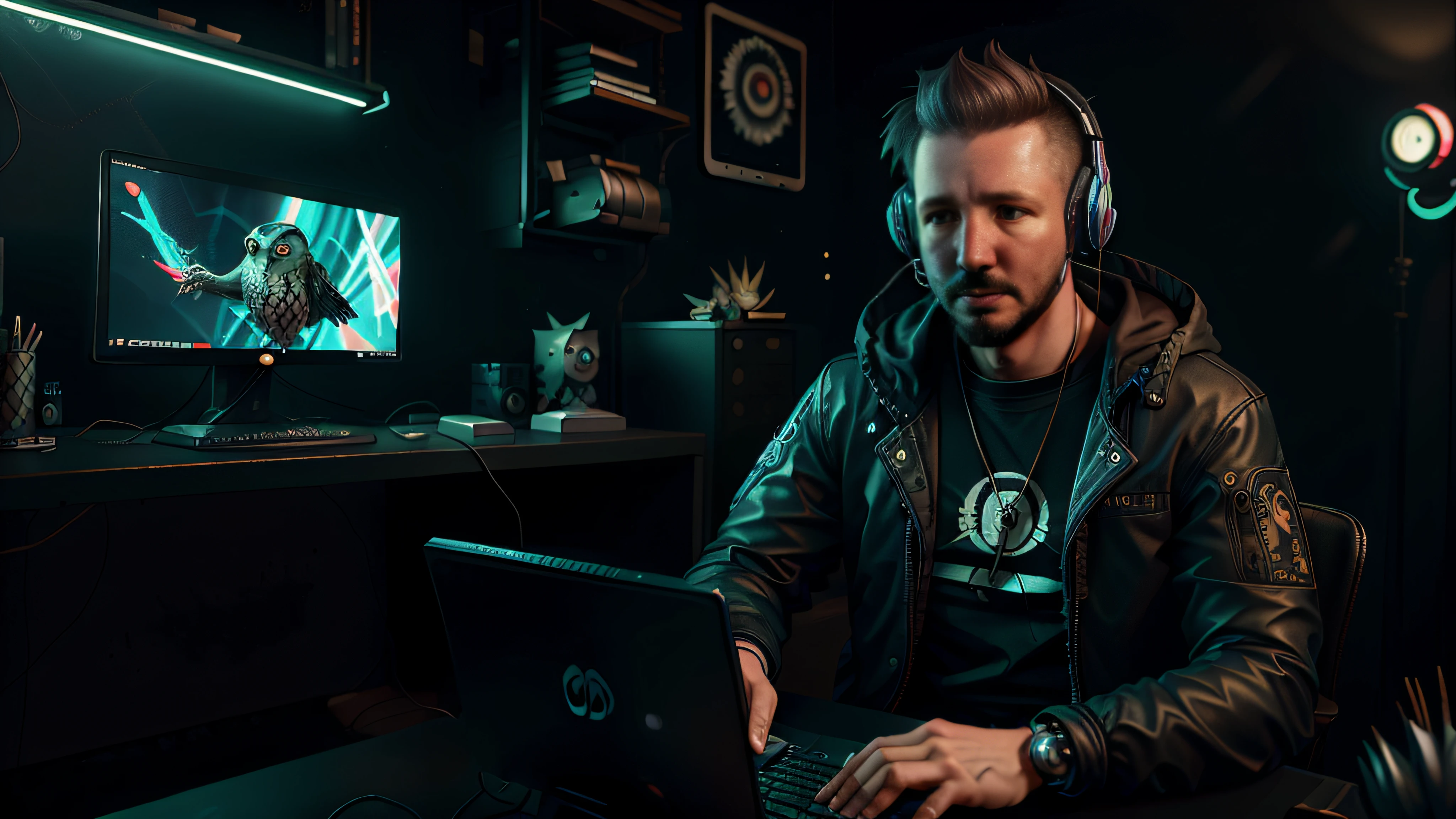 a man wearing a black jacket, with headphones, sitting in front of a computer, computer in the background, cyberpunk style, with an owl on his lap, ornaments on his feathers, computer graphics by Paul Kelpe, winner of the pixabay contest, computer art, rendered in cinema4d, rendered in unreal engine, rendered in maya,