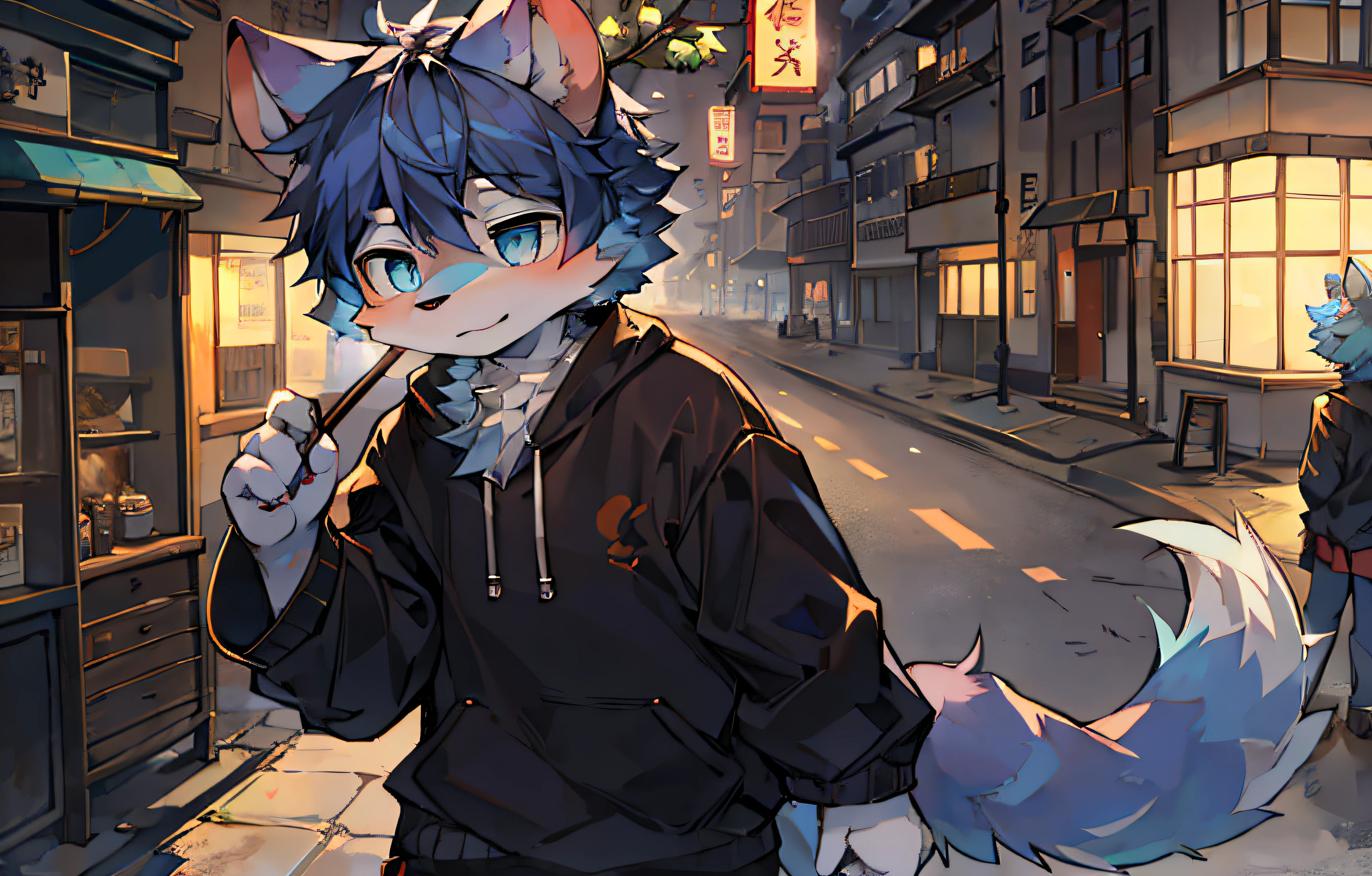 shaggy，furred，bodyfur，城市，the street，独奏，short- sleeved，BREAK BREAK BREAK，AOEU，AOEU，Rodents，Purple fur，dark-blue hair，Light blue eyes，eyes with brightness