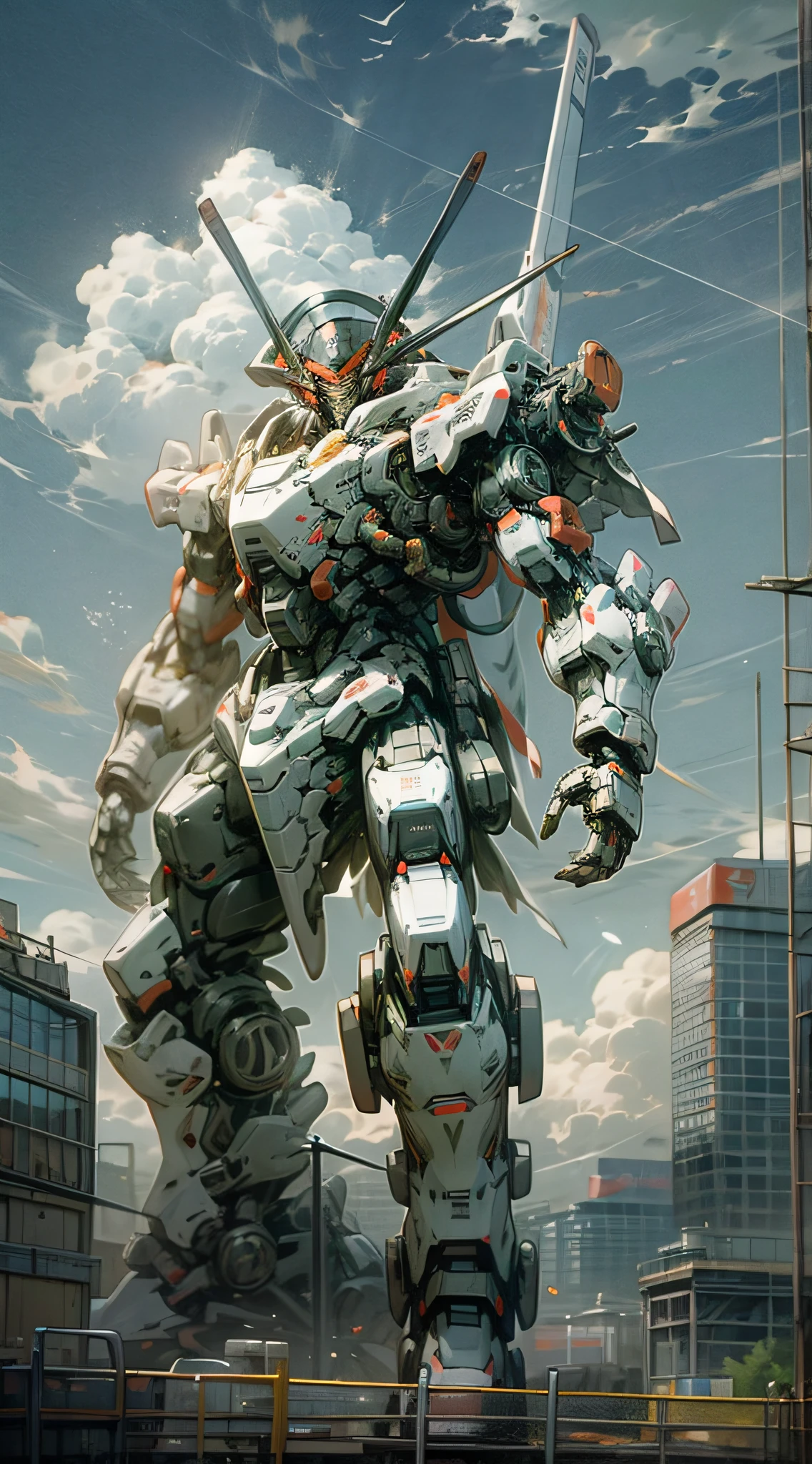 sky, Clouds, Holding_arma, No_Humanity, Glow, human size robots, samurai robots, robots carcass, architecture, Science fiction, 城市, reality --v6