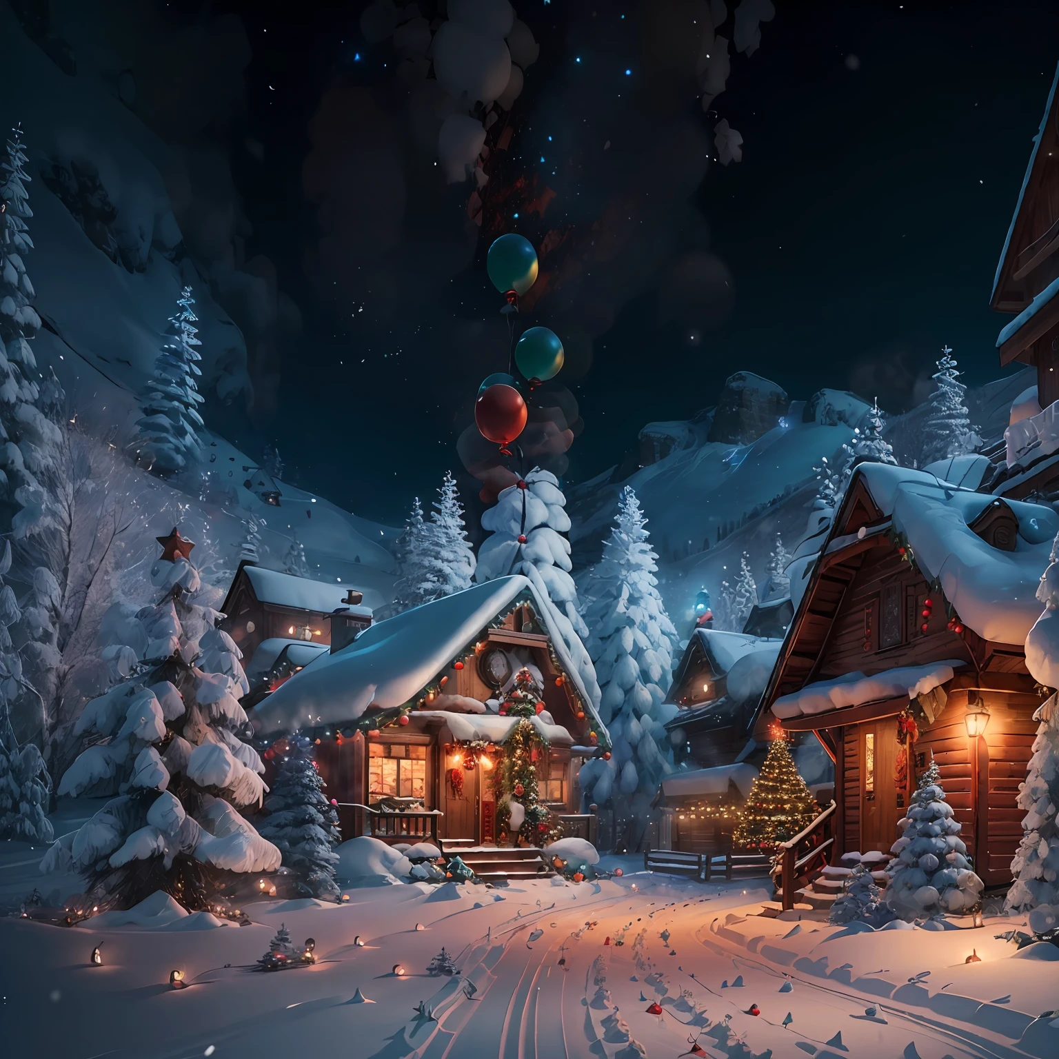 (Extremely realistic CG unity 8k Christmas night),(best illumination, best shadow, an extremely delicate and beautiful),(red-green-blue:1.2)Warm,snow landscape,Ginkgo tree, with balloons,Happy belly,Frozen,Warm winter nights,glowworm,a warm color palette,The atmosphere is warm,Happiness surrounds the fire,The air is filled with steaming turkey and warm red wine。 --auto