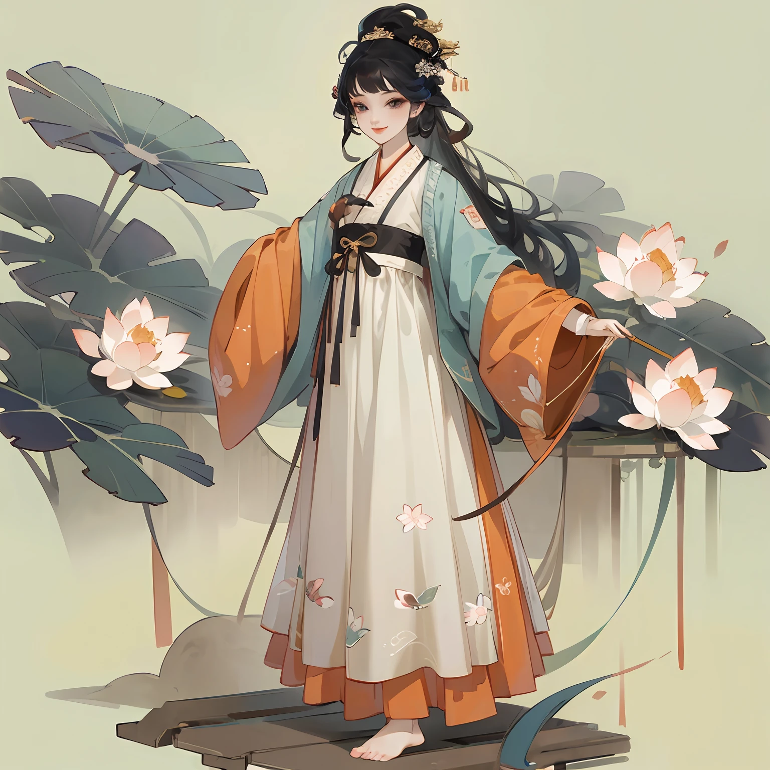 ((4k,masterpiece,best quality)), shuimobysim, traditional chinese ink painting, lotus, hanfu, maxiskit, dress conservatively 1girl, solo, long blue hair, smile, standing, feet in the water, barefoot, --auto