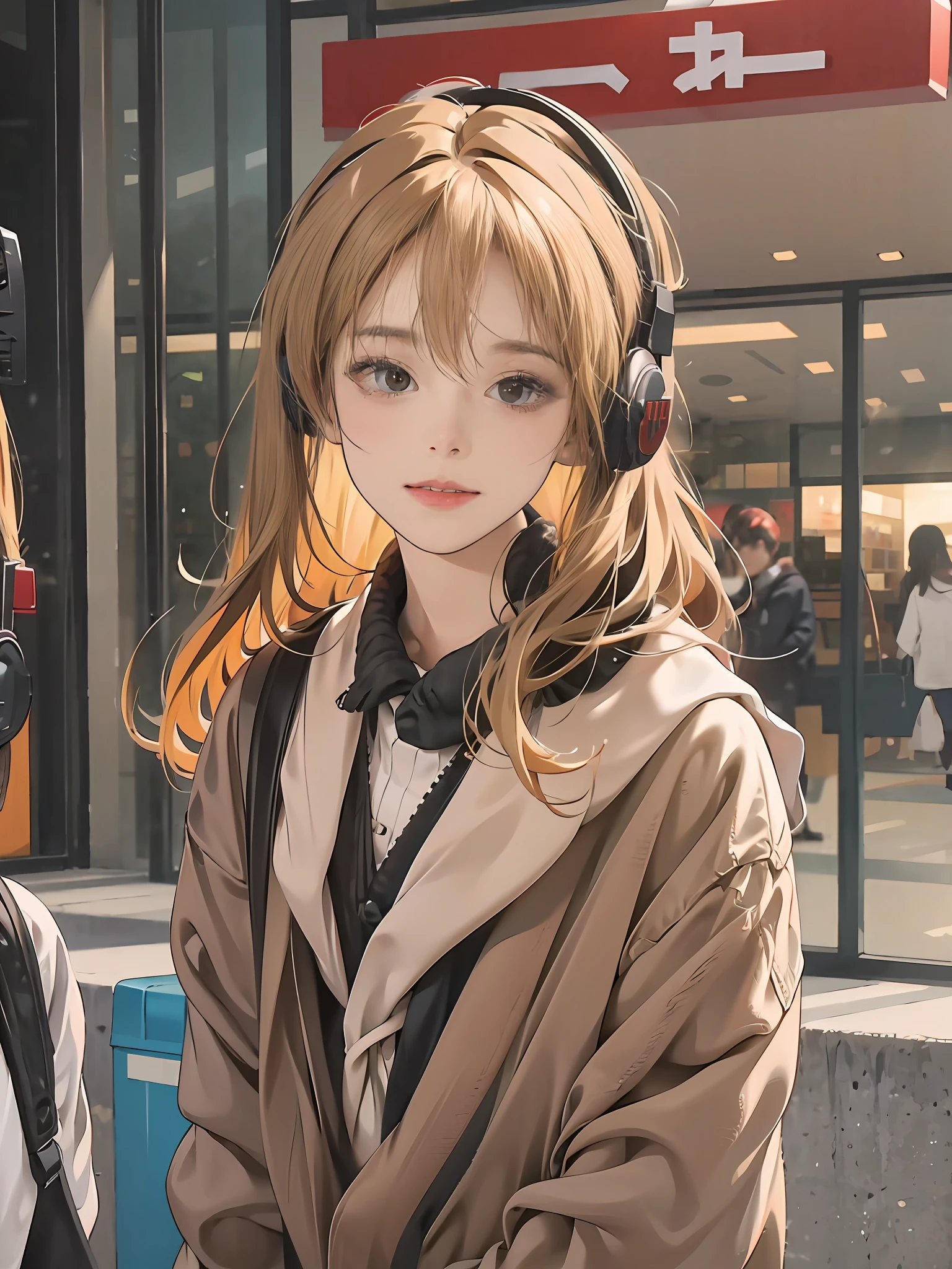 shopping mall, Long blonde fringed hair, with brown eye, 1girll, , The headphones are hung around the neck, , Innocent, 100mm lens, realisticlying, Lens glare:1.4, Look to the right, 校服, complexdetails:2.0, tmasterpiece:1.3, best qualtiy:2.0, 超高分辨率:1.2, detailedeyes, detailedfacialfeatures, hdr, 16K resolution, , farsightedness, Reflections on the floor, Low cut open cloth。